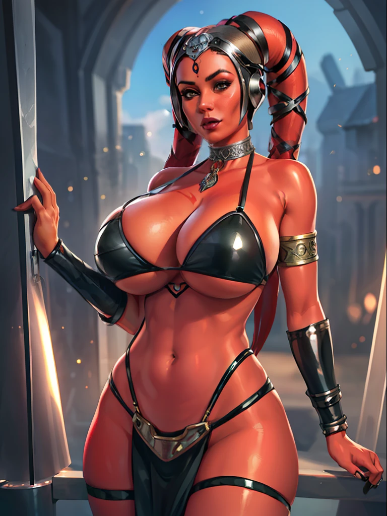 (best quality, masterpiece, highly detailed), 1girl, (red skin), sexy busty Twi'lek, (((gigantic breasts))), cleavage, sharp facial features, silver and black bikini, silver, ornate strapless metal bra, metal lace, gemstones, silver jewelry, long skirts, choker, armlets, pelvic curtain, silks, Star Wars, lekku stripes