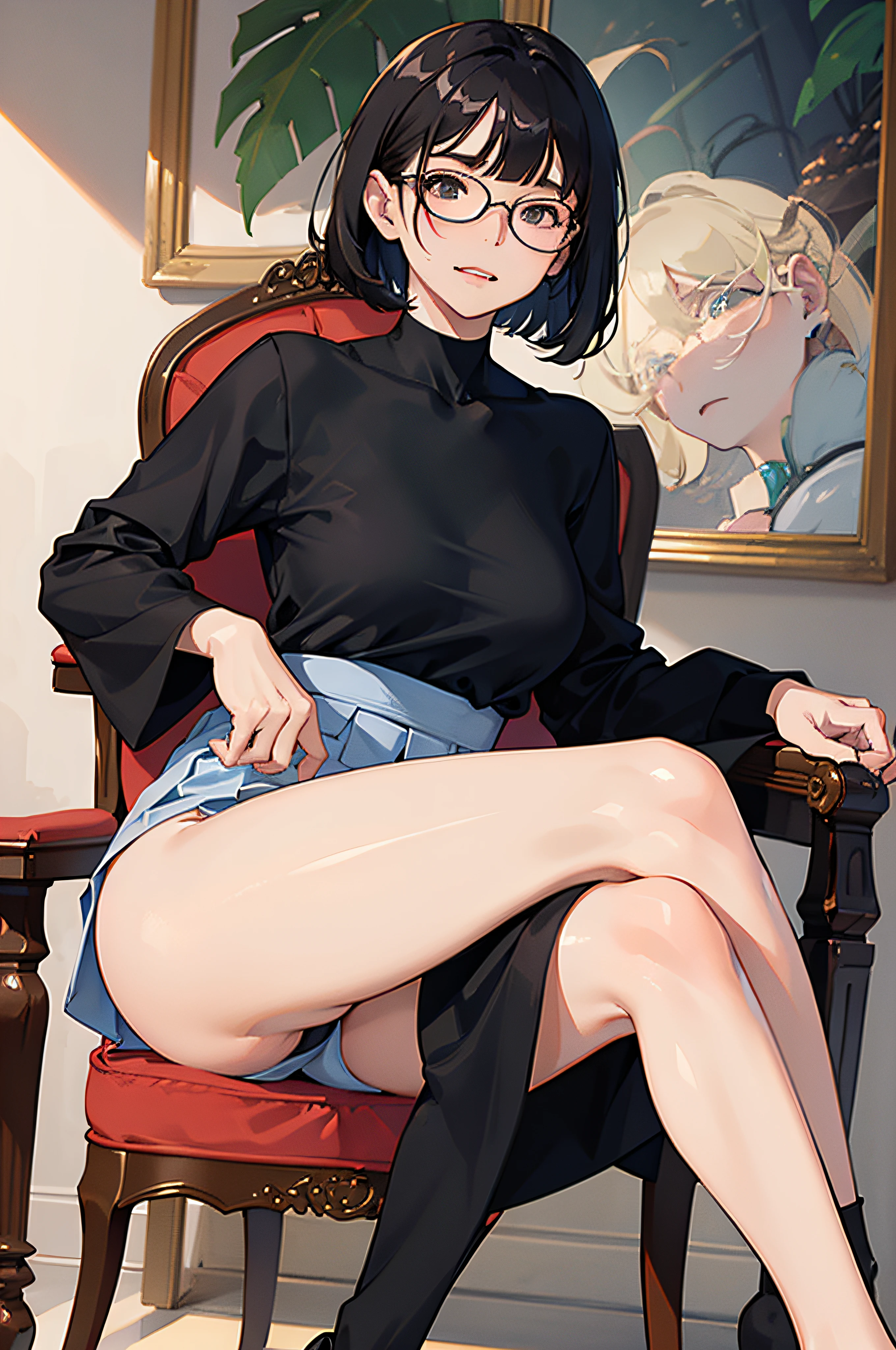 The Woman in Blacktights, Sitting on a chair, Short-haired girl with glasses, The facial expression is sexy, The thighs are exposed, short skirts