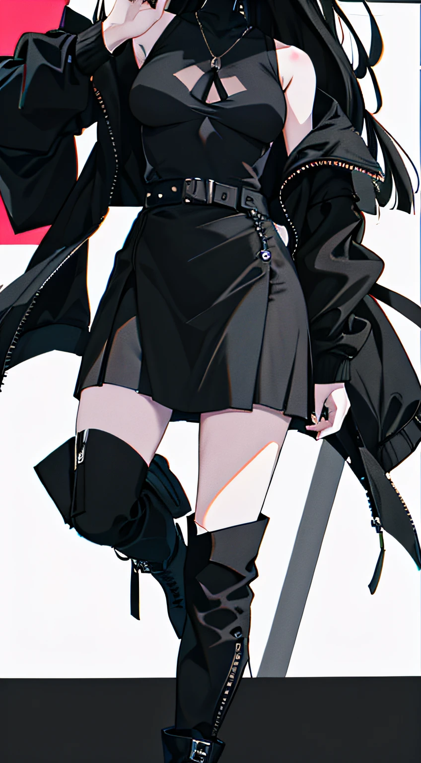 utmost+meticuloso_the face,utmost+Beautiful+meticuloso_The eye,The upper part of the body,closeup cleavage,cyberpunk backgrouns,sketching,solidcolor,A woman in a black shirt and black dress,Minimalist style,Wear elegant casual clothing,Boots,Milk and black style,Black eyes,Modern and stylish dress,casual modern clothing,inspo , Anime,Blackn clothes, a black skirt, Neutral tones, Black and white color scheme, leisure wear,Skinny figure,Scary face, 22 year old, Long hair, ((Black hair))
