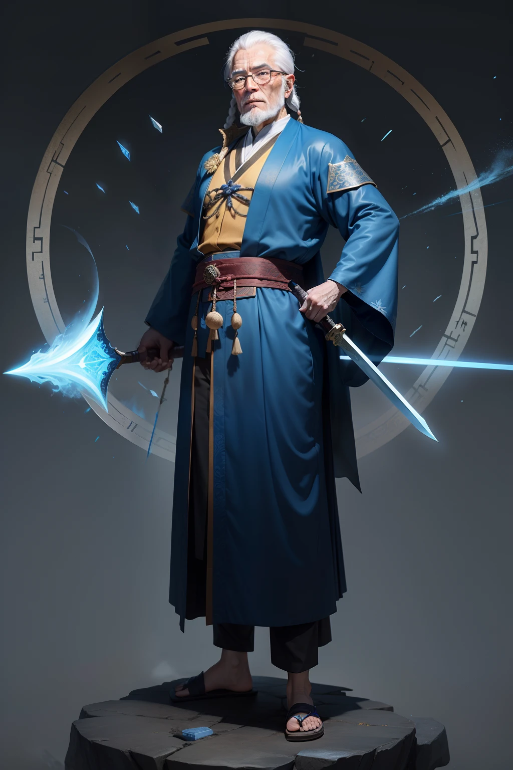 The old man was wearing a Taoist robe,Wear glasses,holding a longsword,The demeanor is majestic,There are two blue apertures on the back,Stand in the sky,Air waves rise beneath your feet,There were also several Xiaoice crystals surrounding the old man,The body reveals coldness
