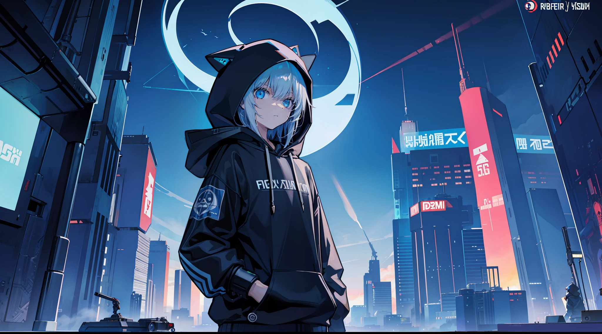 holding gun,face guard,Hooded sweatshirt,Robotic arm,Large base,Skysky,cyber punk perssonage,城市,Iron and steel,spaceship,Star ring