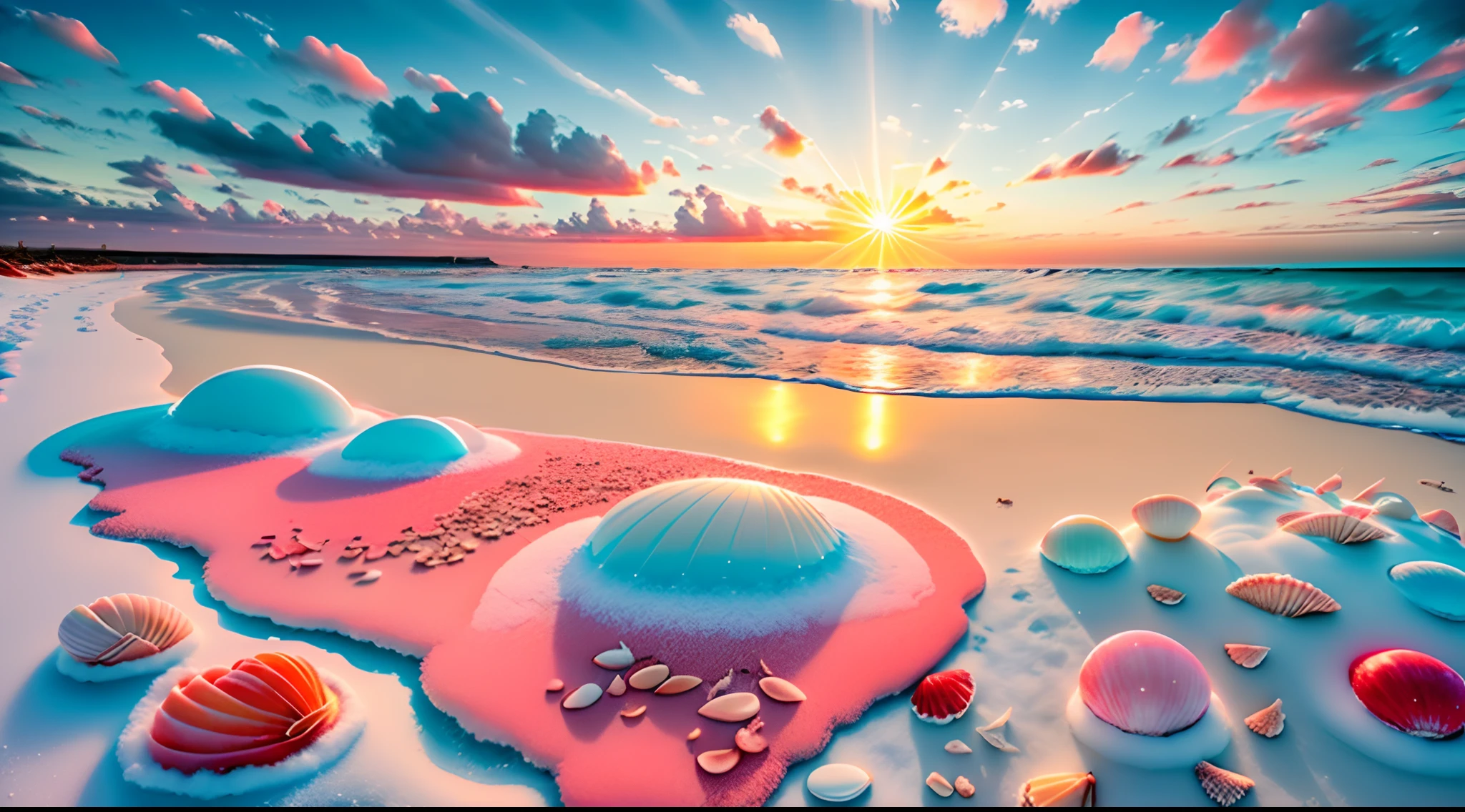 delicate scene,depth of field, 8K, The ivory sky,white clouds,and sunlight shine on the snow-white beach. The coral sea,and many colorful tinny shells on the beach,red roses, roses focus,