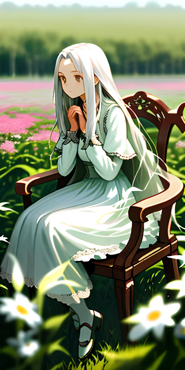 （tmasterpiece，best qualtiy），1 girl with long white hair sitting in a field of greenery and flowers，Her hands were on the chair，warmly lit，white dresses，Blurred foreground