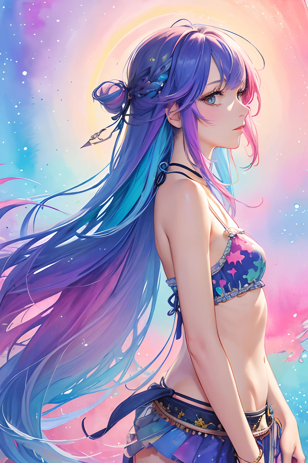 (masterpiece, top quality, best quality,watercolor (medium),official art, beautiful and aesthetic:1.2),(1girl:1.3), (fractal art:1.3),upper body, from side, looking at viewer,patterns,(rainbow color Hair,colorful hair,half blue and half pink hair:1.2),water,liquid, cloud,colorful, starry,stars,woman holding sword, bikini, night,