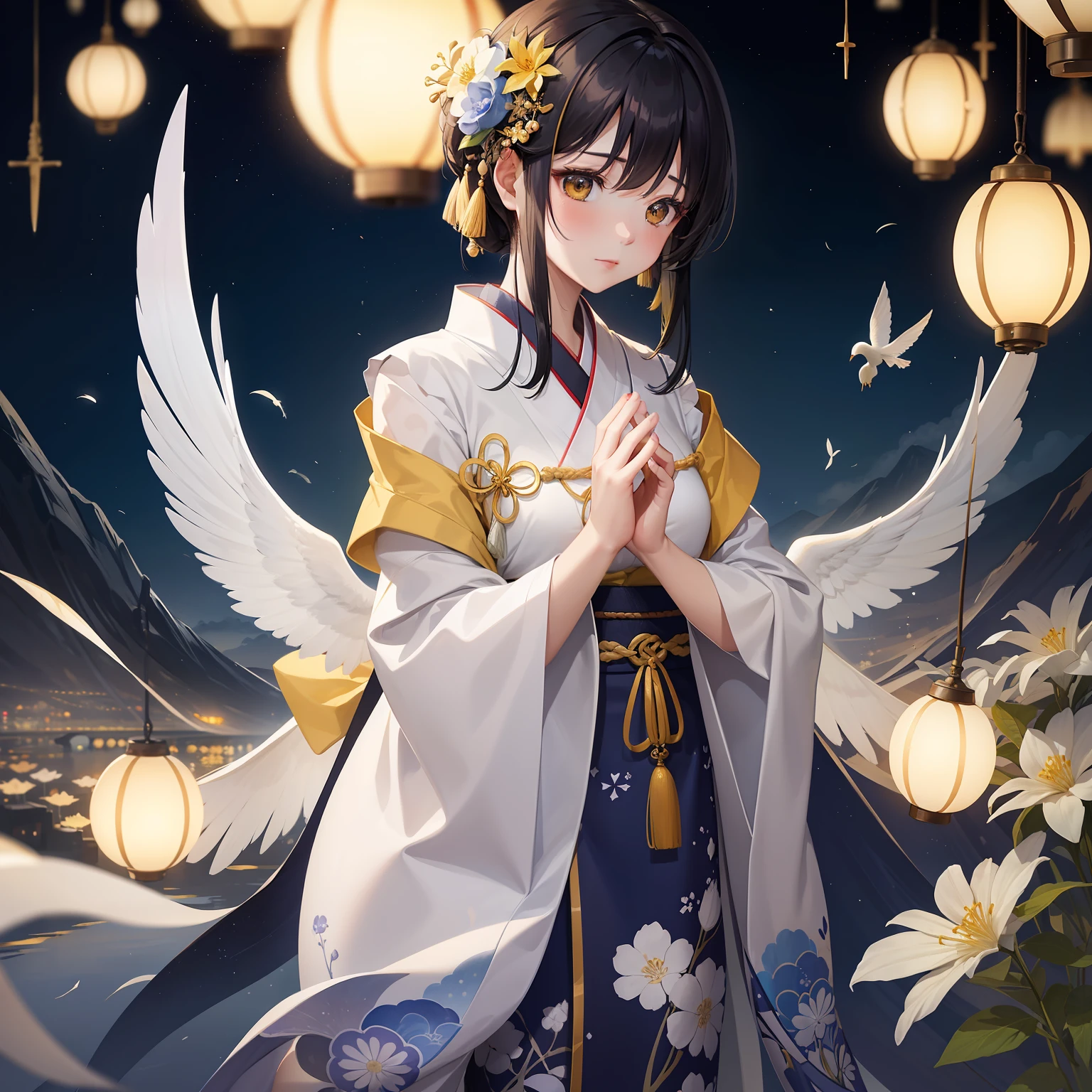 Beautiful watercolor paintings、It depicts night scenes in vivid colors。The center is、Half yellow、is a girl with a unique hair color of half white。She wears a kimono with yellow and white patterns.、Standing in the fantastic glow of the kishoub flowers。White feathers flutter around her.、There is a deep sense of illusion in this mysterious space。She seems to be deeply immersed in prayer.、It further enhances the overall beauty of the painting.。