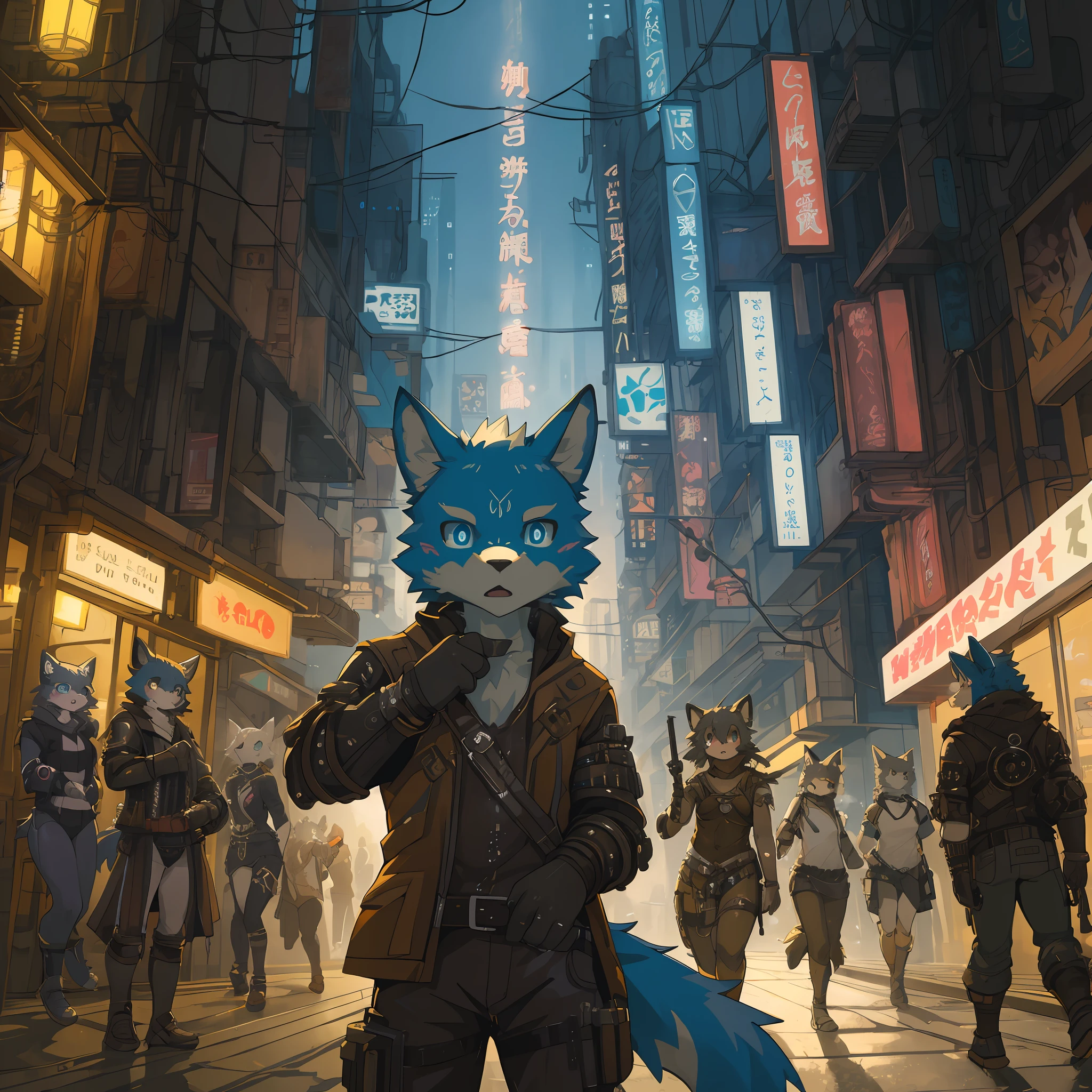 top quality, best quality, High-quality illustrations, masterpiece, super high resolution, detailed background, Dark Fantasy, Cyberpunk, steam punk, 6+boys, 6+girls, absurdres(highly detailed beautiful face and eyes)perfect anatomy, expression, good lighting, cinematic shadow(kemono, furry anthro)assorted poses, dynamic angle,