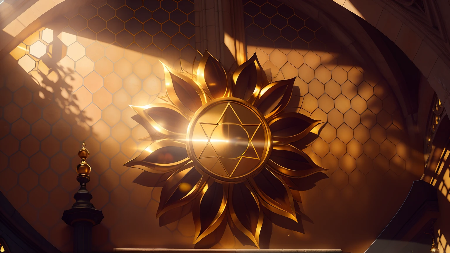 there is a golden sun on the wall of a building, hexagon in front of the sun, hexagon blocking the sun, radiating golden light, 8 k hd wallpaperjpeg artifact, 8k hd wallpaperjpeg artifact, golden sun, ancient symbol behind it, golden sunlight, cathedral of sun, 4k solarpunk wallpaper, sun in the zenith , golden metloic, lighting