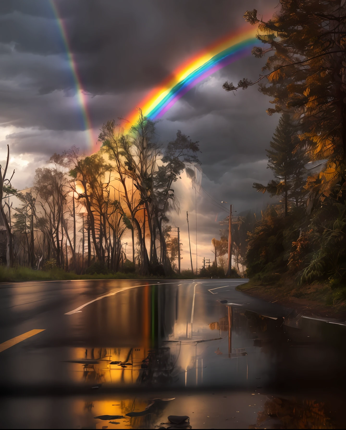 rainbow over a winding road with a reflection of trees, auto estrada com curvas, rainbow reflections, rainbow gradient reflection, depois da tempestade, ethereal rainbows, After the rain, Incredible reflections, raining rainbow, fotos de Rodovias de alta velocidade, weather photography, Magical Tempestuous Reflections, marvellous reflection of the sky, rainbow in the sky, rainbowart, Broken rainbow, amazing color photograph, belos reflexos