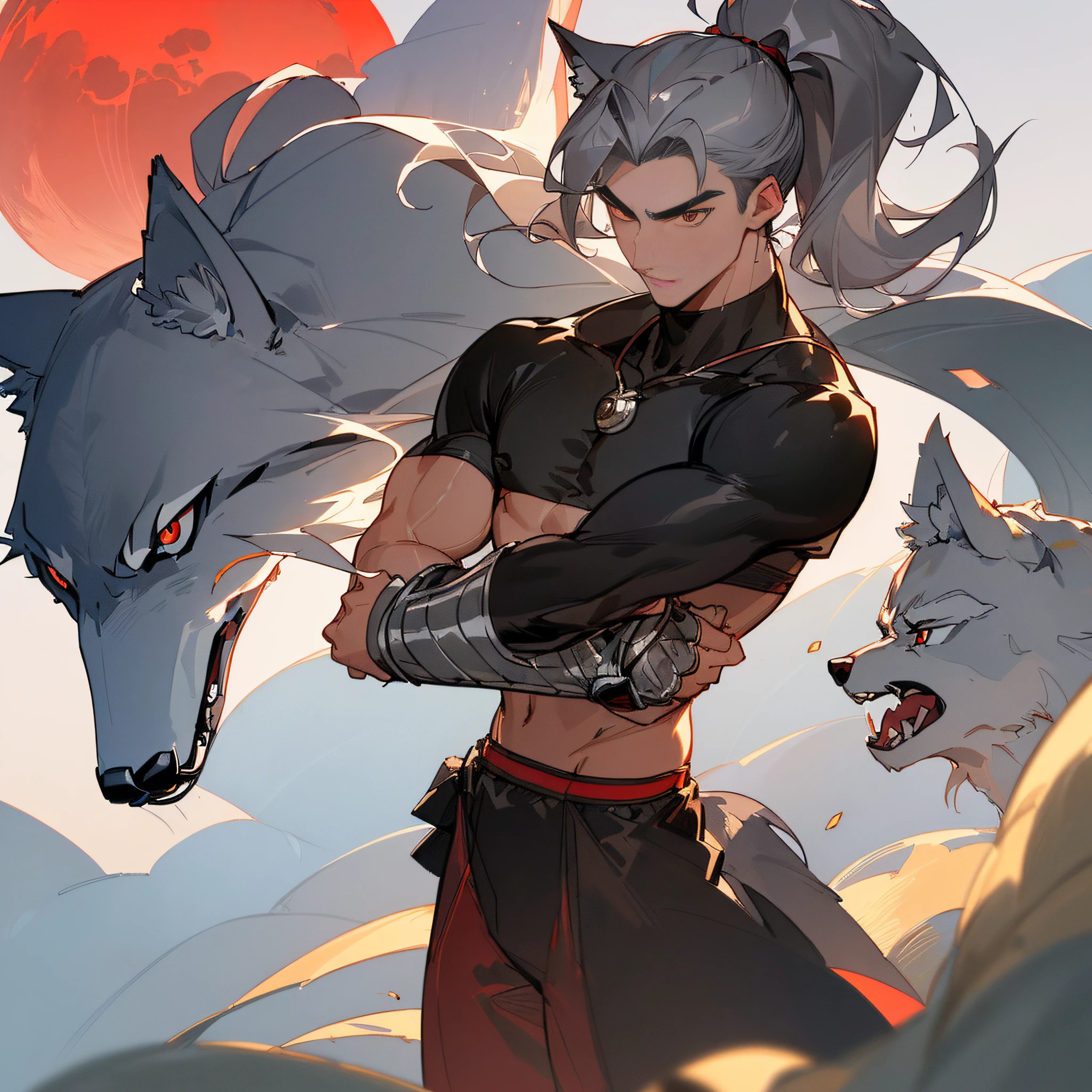 ((masterpiece)), (ultra detailed), (best quality), moon valley background, moon lighting, looking forward, (a male grappler with animal traits, solo, 20 years old, dark silver hair, short ponytail, Male face, male eyebrows, Male Eyes, sharp nose, adam's apple, red eyes, wolf ears, wolf tail),