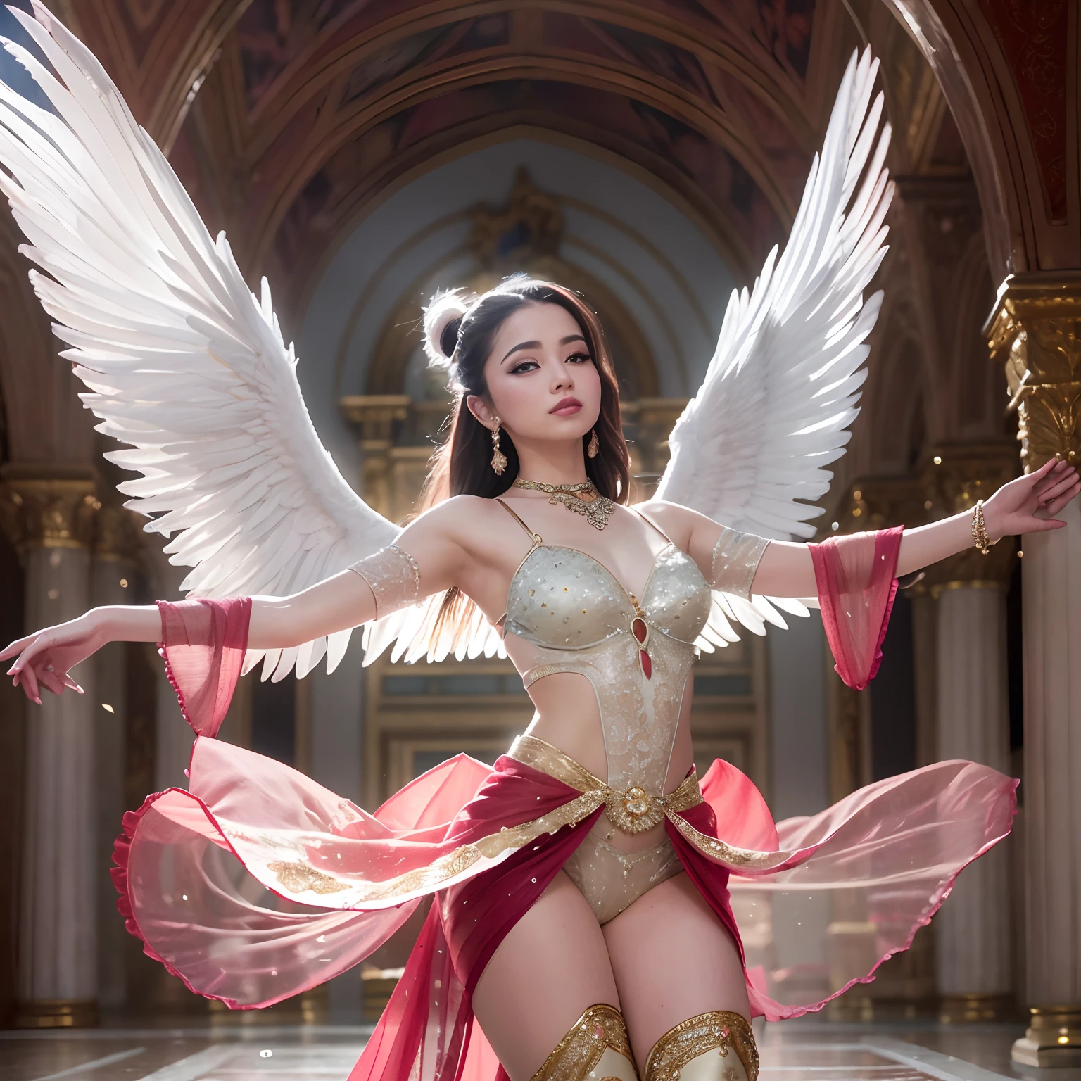 A color photo of a dance performance, beautiful angel face,realitic,set against a backdrop of a heavenly palace in the clouds, next to the Jade Pool. The dancer is wearing an elegant and flowing costume, with long trailing sleeves that resemble feathered wings. The dancer's movements are graceful and fluid, as if she is flying in the sky. The atmosphere is divine and serene. The photo utilizes specific camera settings, including a particular camera model, film type, and lens techniques. A collaboration of creative professionals from various fields will work together to uniquely capture the beauty and magic of the dance