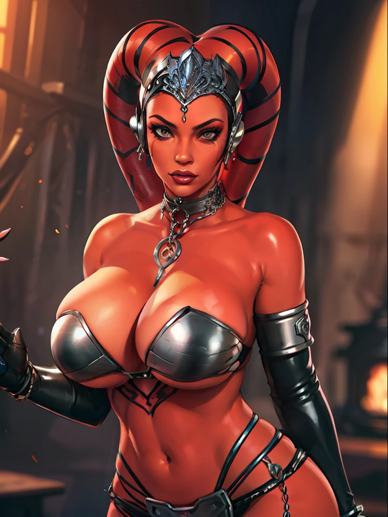 (best quality, masterpiece, highly detailed), 1girl, (red skin), sexy busty Twi'lek, (((gigantic breasts))), cleavage, sharp facial features, silver and black bikini, silver, ornate strapless metal bra, metal lace, gemstones, silver jewelry, long skirts, choker, armlets, pelvic curtain, silks, Star Wars, lekku stripes