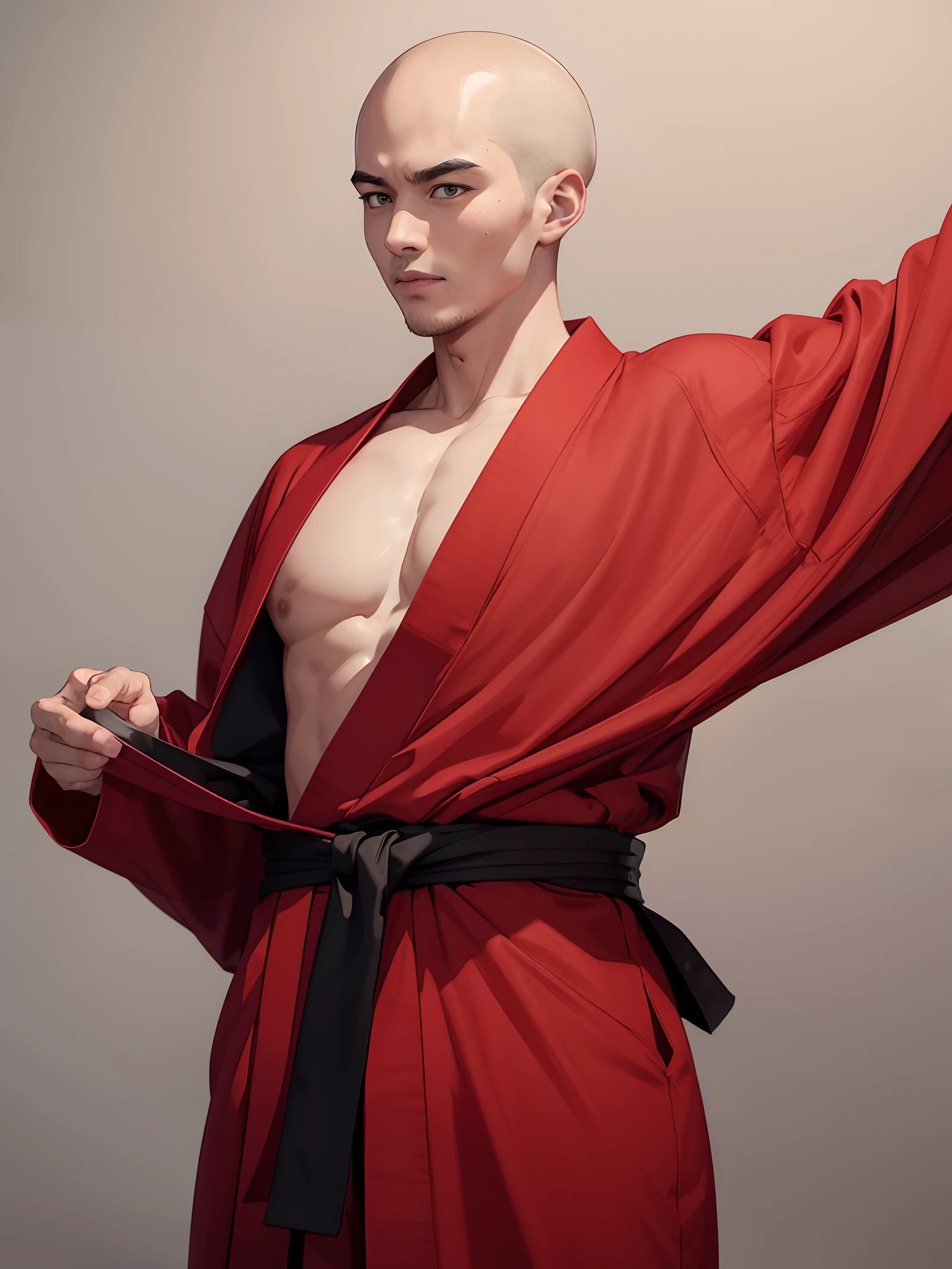 Young martial artist in a plain red kimono, bald and happy