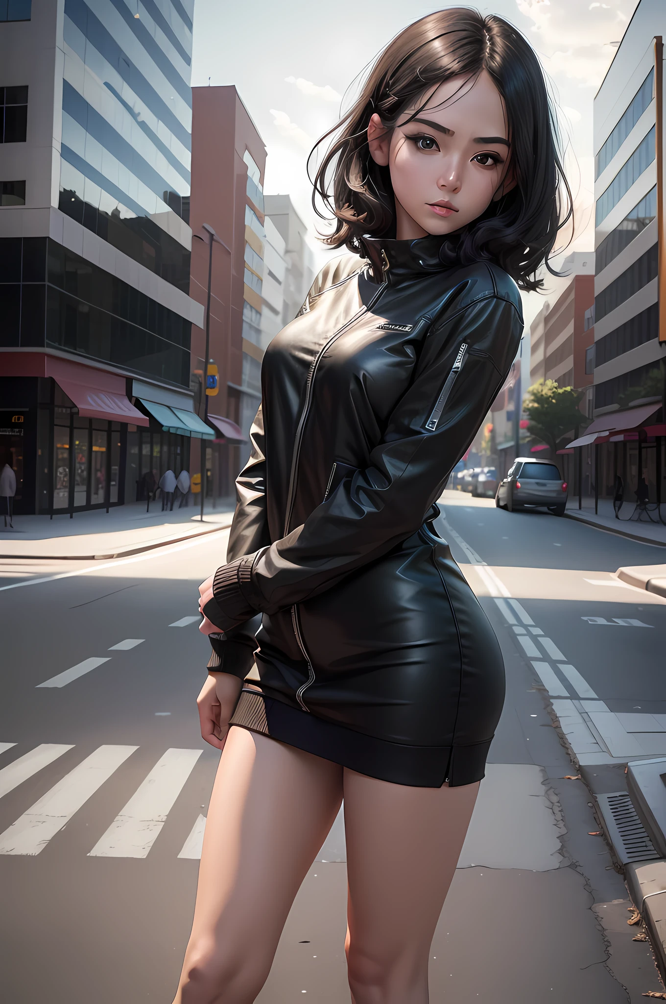 (8k, RAW photo, best quality, masterpiece:1.2), yjnn, 1girl, 3d, black hair, building, city, looking at viewer, realistic, , solo,(realistic, photo realistic:1),