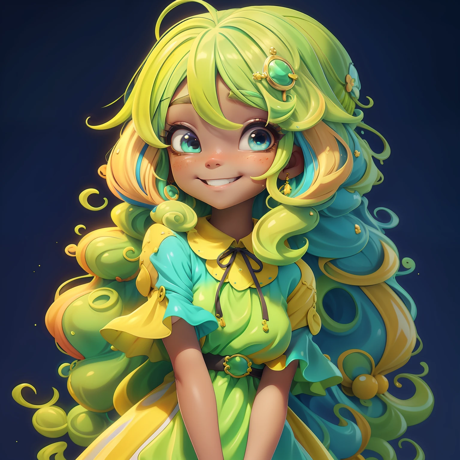 Loli Slime girl, Slime cabelo multicolorido estilo de cabelo, multicolorido, sorriso e olhos delicados, vestido de noite extravagante, fundo simples, Masterpiece, Melhor Qualidade