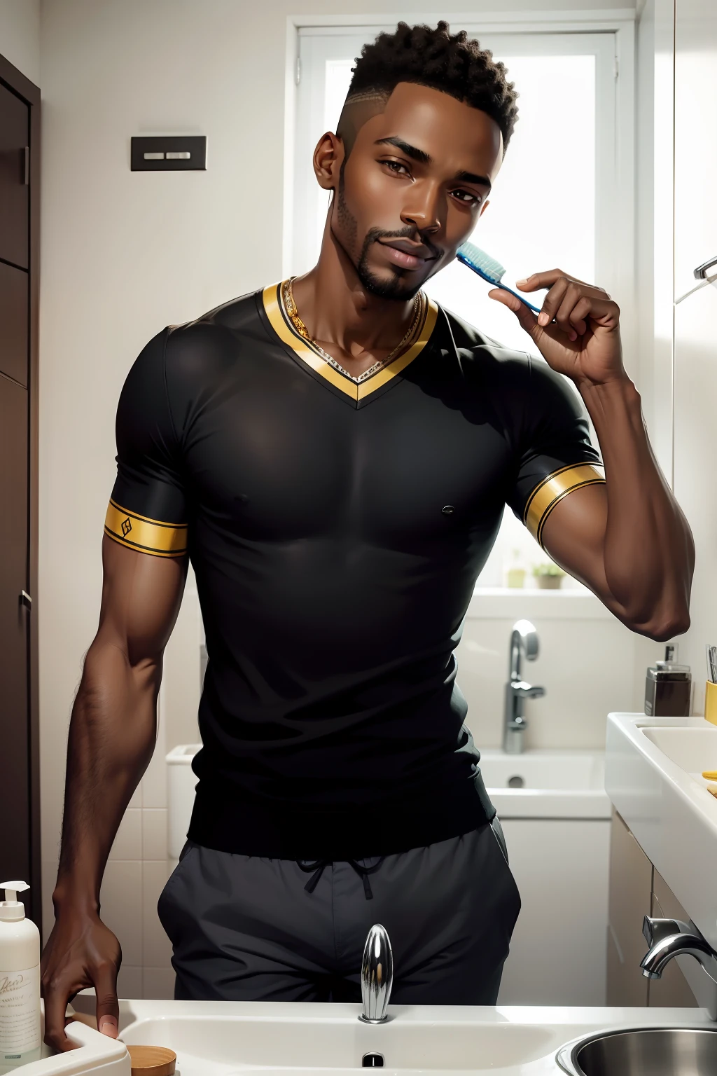 African black-skinned man holding a toothbrush ready to brush his teeth