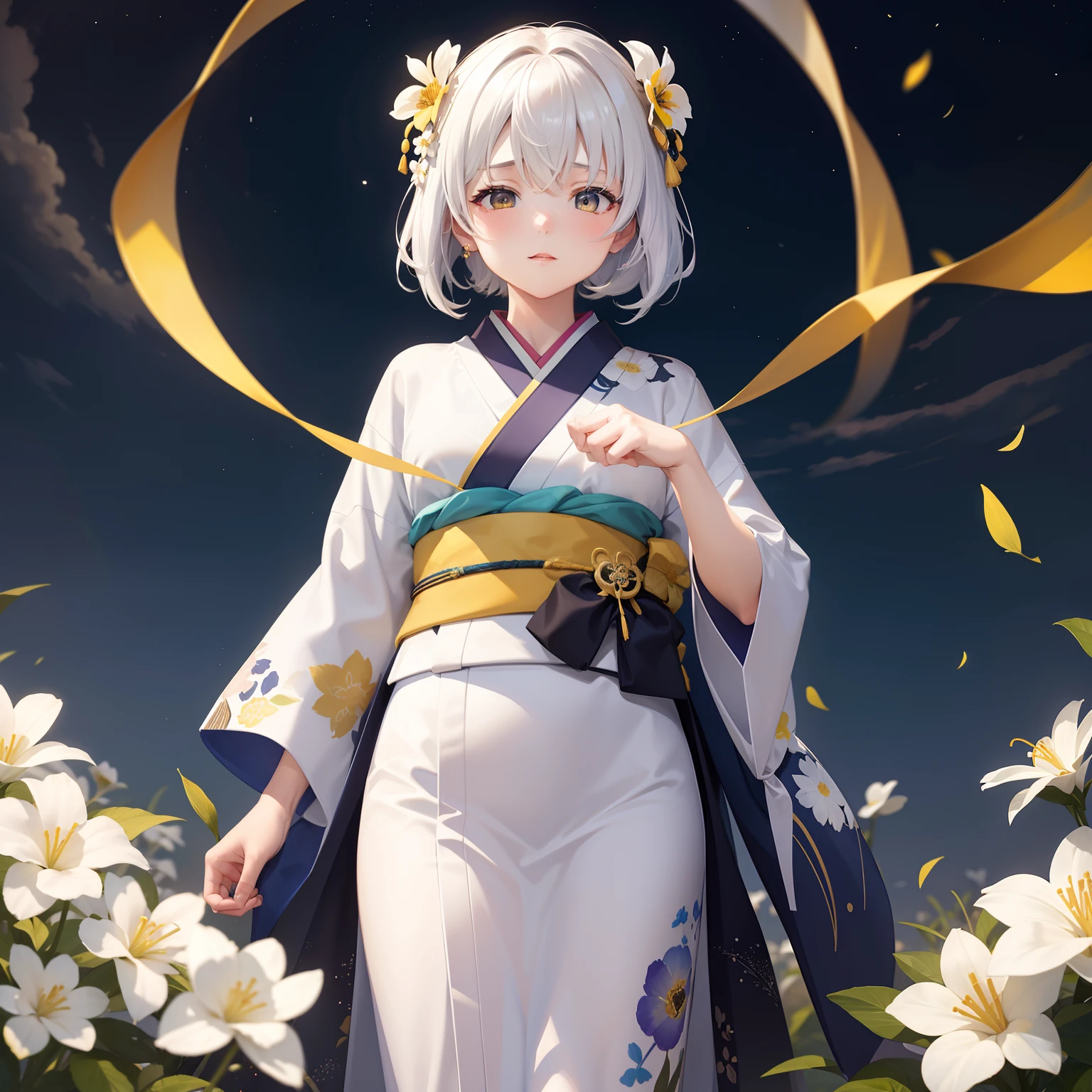 Beautiful watercolor painting、The night view is painted in vivid colors。The center is、Half Yellow、It is a girl with a unique hair color of half white。She wears a kimono with a yellow and white pattern.、Stand in the fantastic glow of the kishoub flowers。There is a deep sense of illusion in this mysterious space。She seems to be deeply immersed in prayer