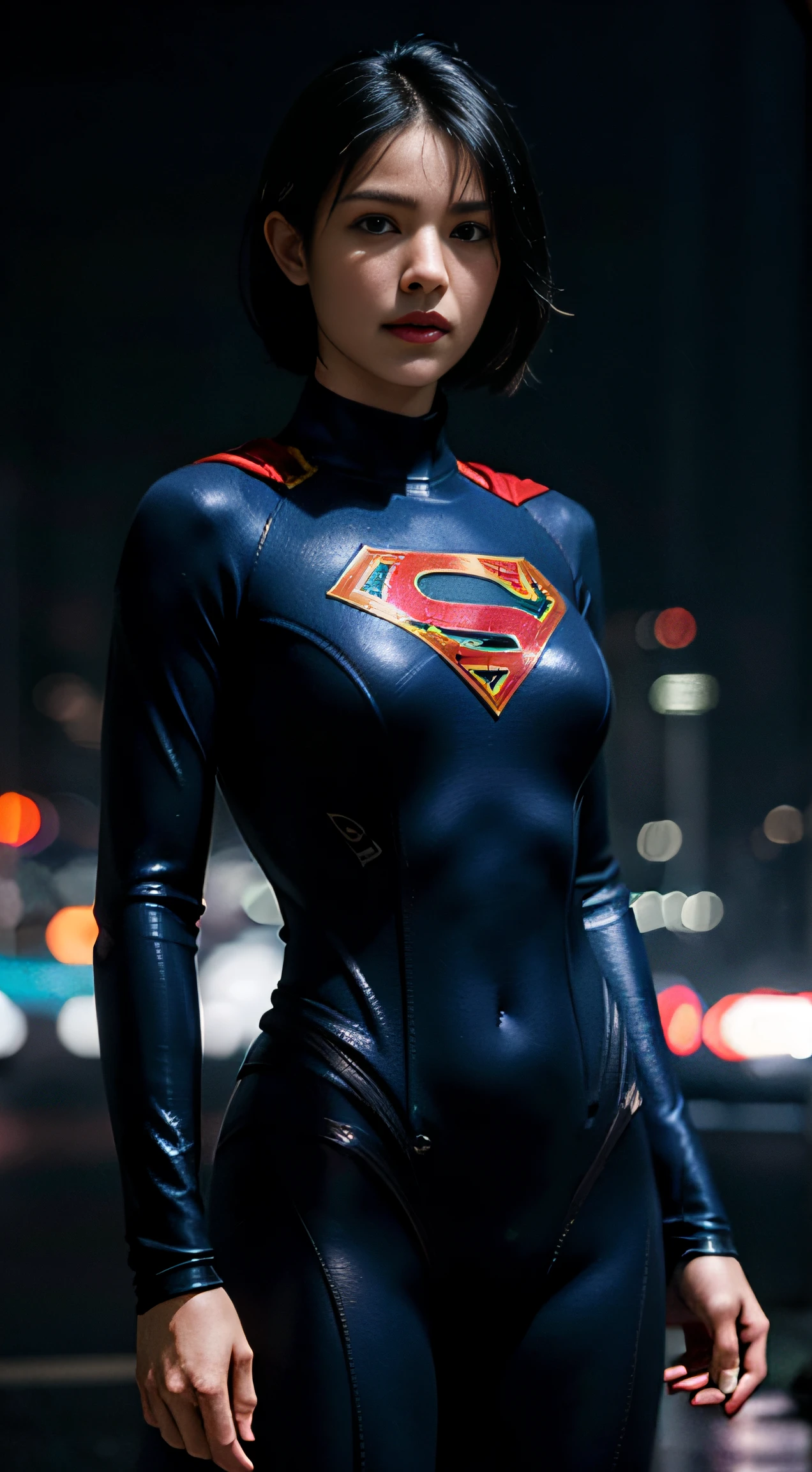 best quality, masterpiece, (photorealistic:2), ultra high resolution, highly detailed, ultra realistic, 1girl, supergirl suit, superman logo, black hair, short hair, slim body, full shot, standing pose, from below, looking at viewer, night, city, rain, cyberpunk vibes, dark scene, dark atmosphere, light neon, mist, cloudy, lightning, detailed background