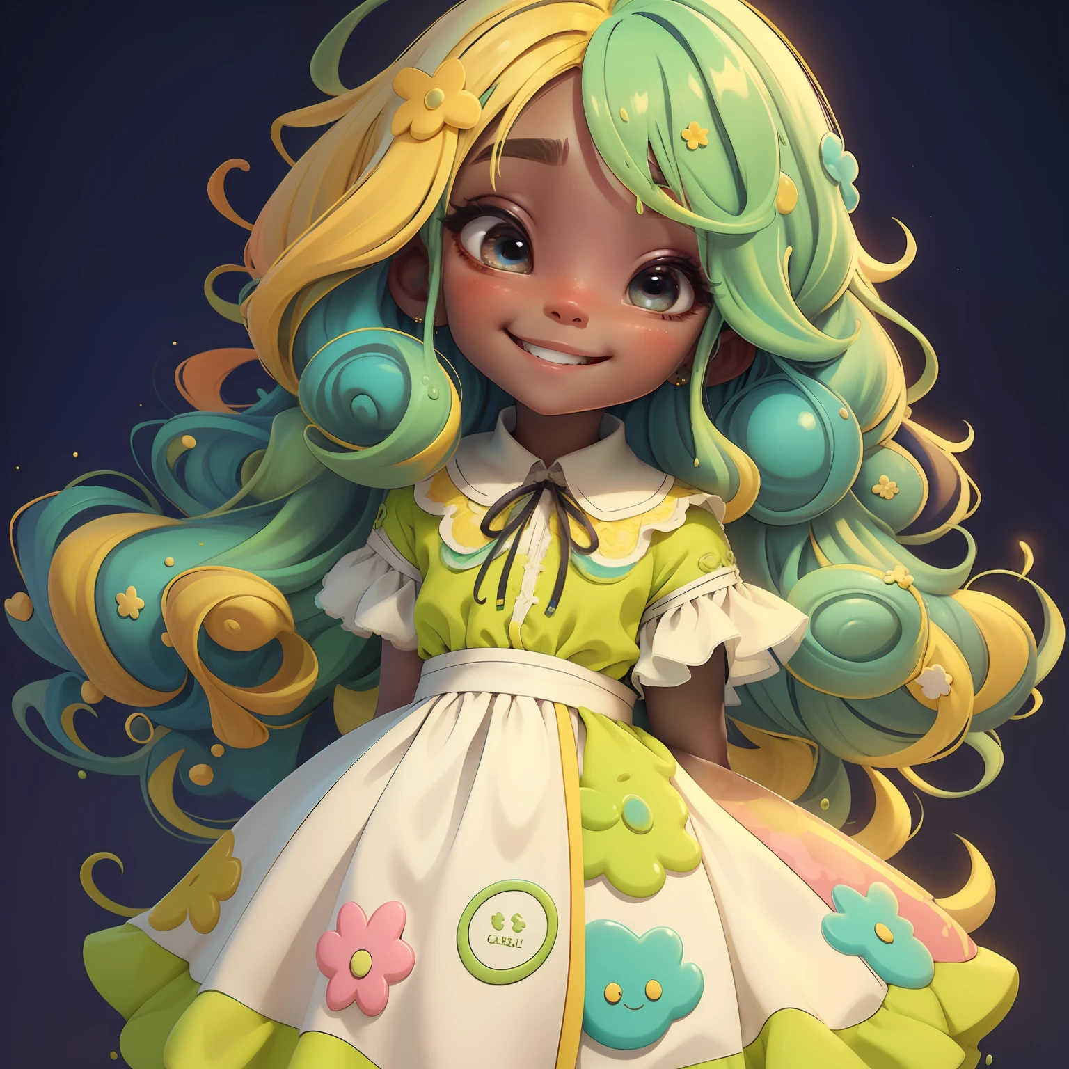Loli girl, Slime cabelo multicolorido estilo de cabelo, multicolorido, sorriso e olhos delicados, vestido de noite extravagante, fundo simples, Masterpiece, Melhor Qualidade