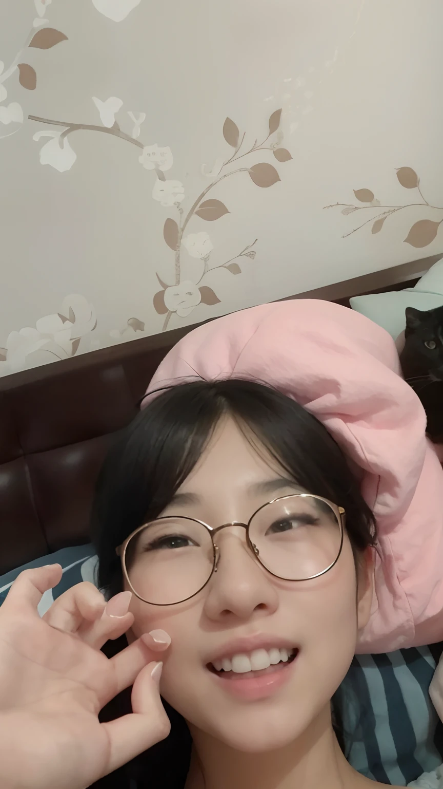 there is a woman that is laying down on a bed,There is a cat on the head, With glasses, jaeyeon nam, very very low quality, eye glass, very very low quality picture, ulzzangs, very low quality, !!Wearing glasses!!, Korean girl, reluvy5213, wearing small round glasses, Low quality, 3 0 years old woman
