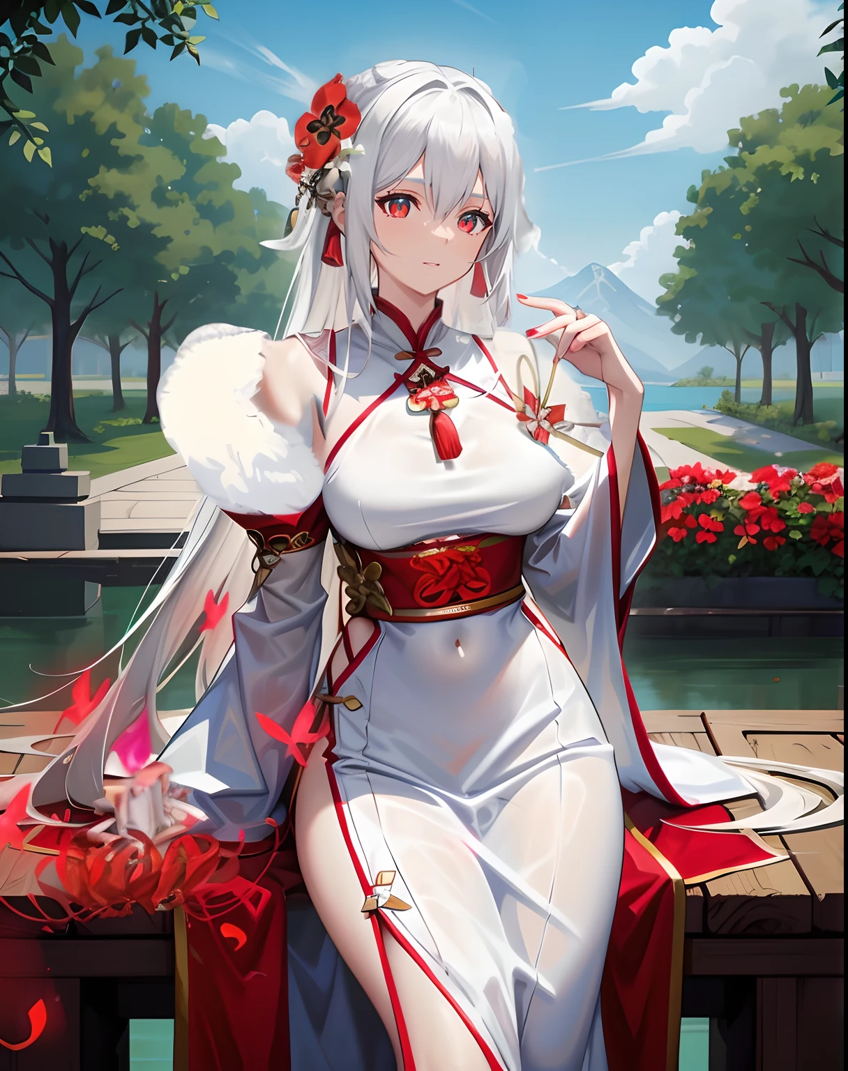 tmasterpiece，HighestQuali，on cheongsam，Anime girl wearing white dress，Red and white hair，red color eyes，amaryllis，White-haired god，azur lane style，Kushatt Krenz Key Art Women，drak，A scene from the《azur lane》videogame，full-body xianxia，onmyoji，Guviz，best anime 4k Konachang wallpapers，Anime goddess。