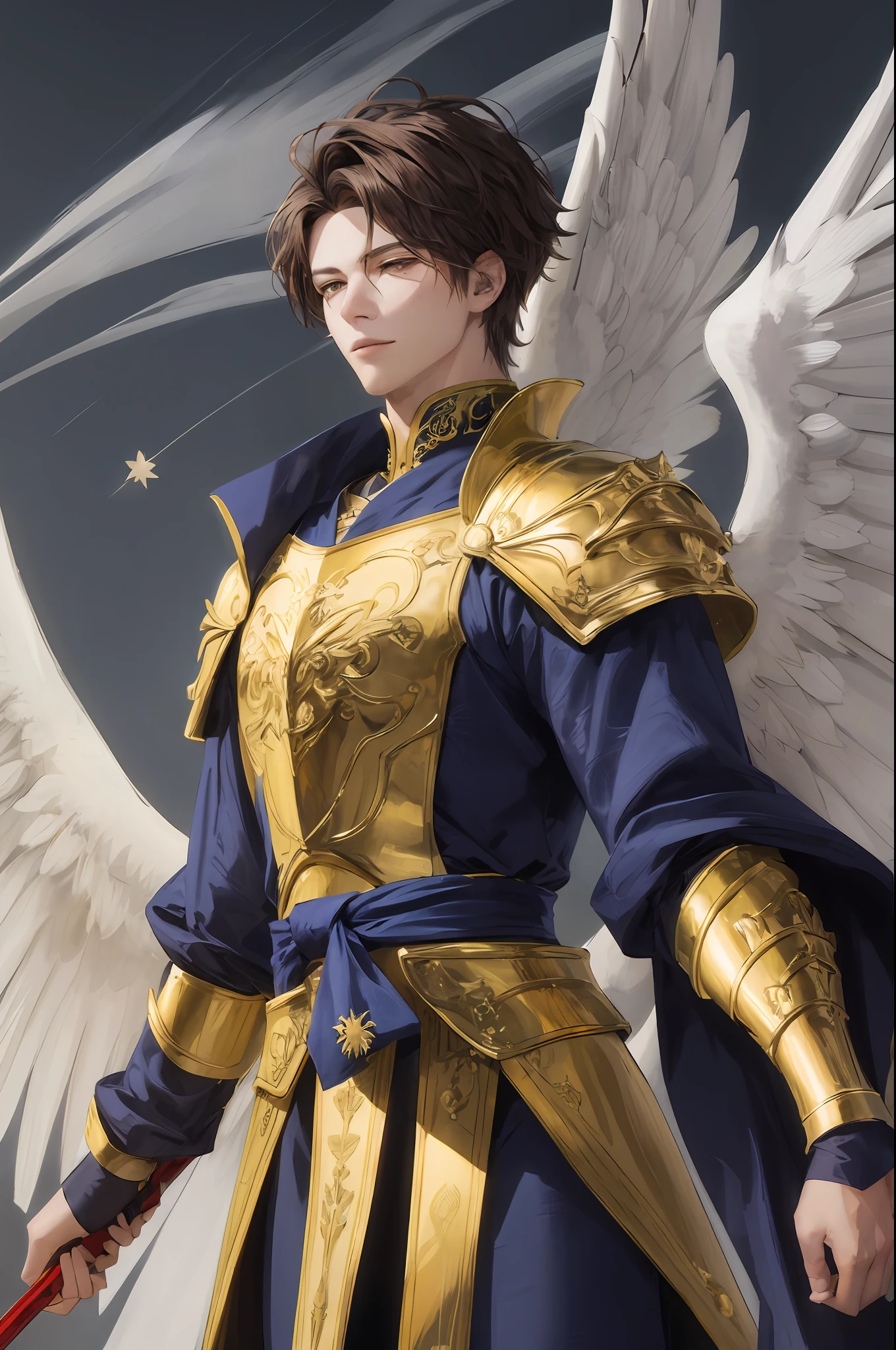1boy，  brunette color hair， blue sash， Blind，Green wings，Grey wings，Red and blue spears，golden armour，Black shield （（tmasterpiece））