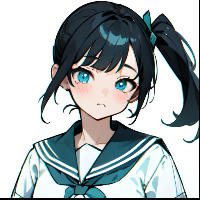 1girl,ponytails,black_hair,white_shirt,neckerchief,aqua blue_eyes,cute,best_quality,high_quality,highres,masterpiece,facing_viewer,one eye blink,pout
