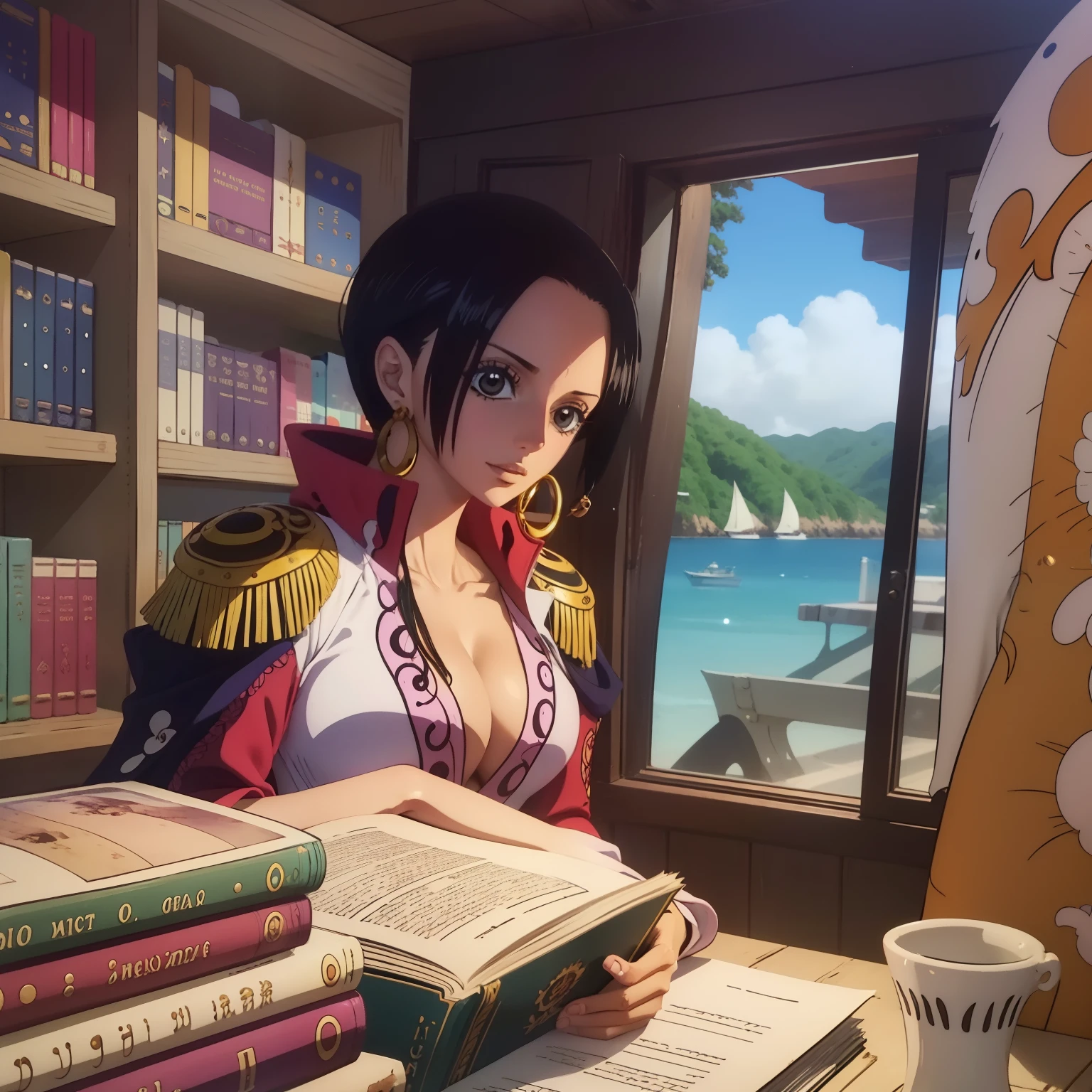 melhor qualidade, obra prima, u detalhada, from one piece, Estilo One Piece, Arte do local, arte chave, melhor qualidade, boa hancock em um navio, lado a lado com uma pequena  de cabelos pretos, Guidance for children, Boa Hancock e uma menina pessoas, felizes, NAVIO, Marz, livros, biblioteca