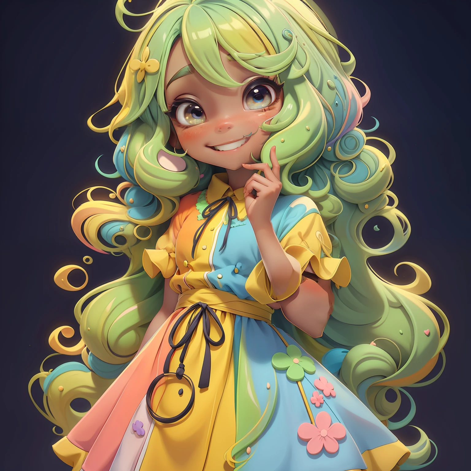 girl, Slime cabelo multicolorido estilo de cabelo, multicolorido, sorriso e olhos delicados, vestido de noite extravagante, fundo simples, Masterpiece, Melhor Qualidade