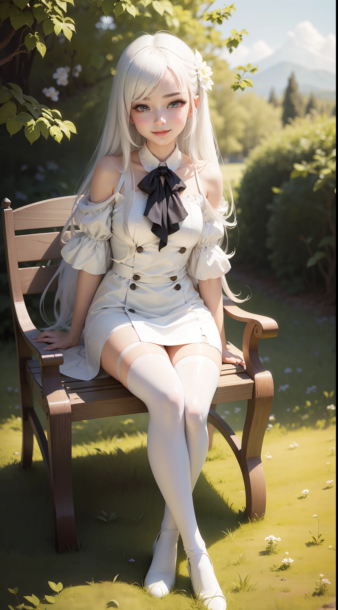 White color hair,beautiful Girl,Sit on grass,Slim figure,wearing silk stockings,Charming smile,Full body photo,The landscape background occupies half of the picture、Small proportions of the characters