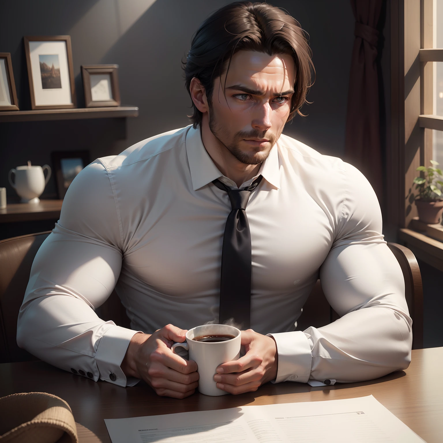 1man, a 30-year-old muscular male, wearing a long-sleeved white shirt and tie, drinking coffee, soft lighting, masterpiece, best quality, 8K UHD, DSLR camera, film grain, Fujifilm XT3 realistic painting art by Midjourney and Greg Rutkowski