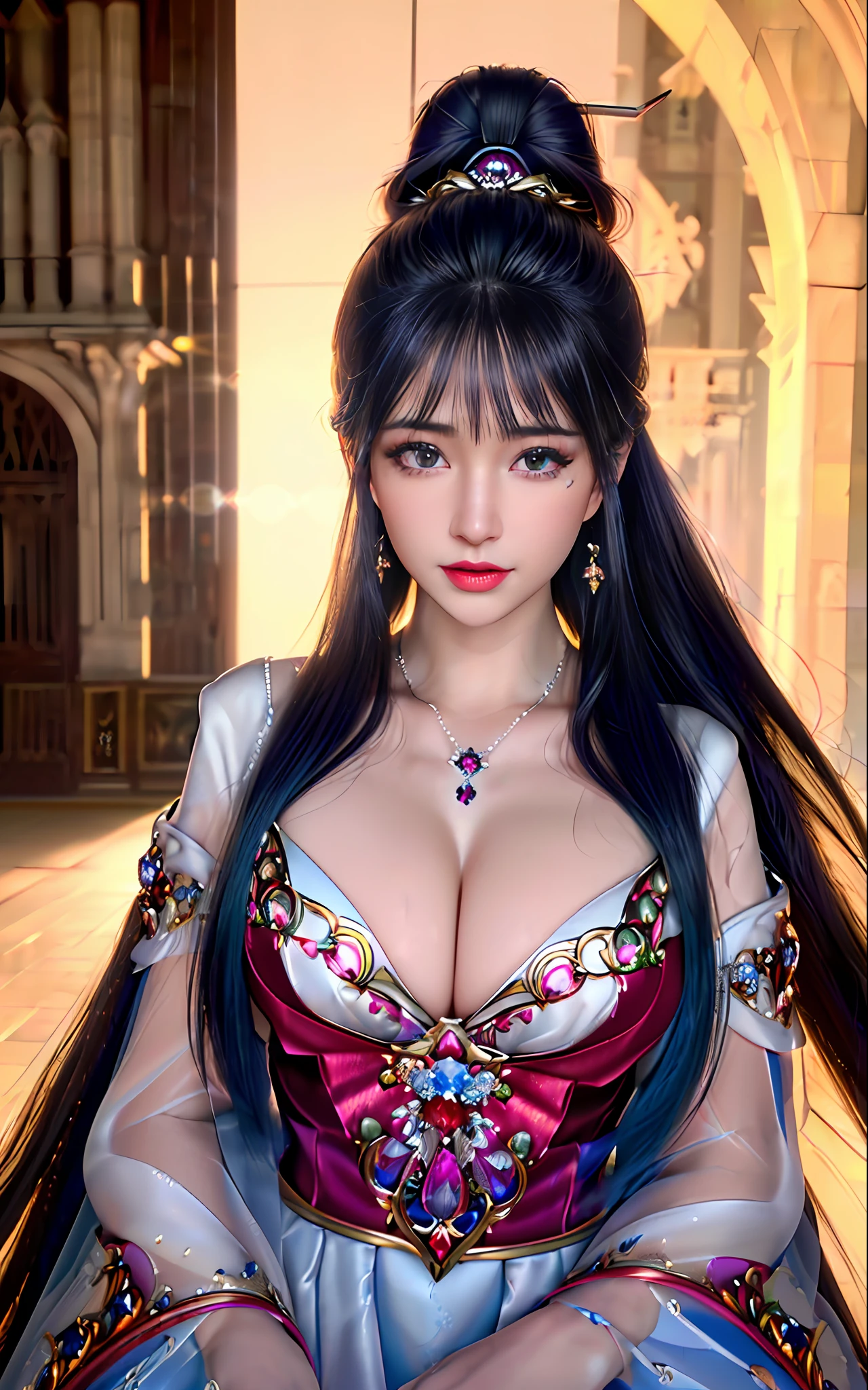 realisticity: 1.2)), ((realistic: 8K UHD)), ((best resolution: 8K UHD)), hyper detailed, best quality,masterpiece,highres,cg, ((1 girl hyper detailed and hyper realistic) ) , ((beautiful queen, hyper realistic and hyper detailed)),((white skin, beautiful, smooth, youthful, hyper realistic and hyper detailed )), ((Face hyper beautiful, white, hyper realistic and hyper detailed ) ), long hair, ((hyper realistic and hyper detailed dress)), solo, ((hyper realistic, hyper beautiful, beautiful and hyper detailed jewelry)), ((hyper beautiful deep red and golden yellow dress, hyper realistic and hyper detailed )) , ((Her pretty, hyper realistic, hyper detailed diamond filled earrings)), ((Her gorgeous diamond haircut, hyper realistic and hyper detailed)), ((hyper pretty upper body, hyper beautiful, hyper realistic and hyper detailed) ), ((medium breast: 1.5)), ((hyper realistic, hyper pretty, hyper detailed boobs)), ((the backgroun of the royal palace is hyper majestic, hyper realistic and hyper detailed)),((hands and palms hyper beautiful, hyper detailed, hyper realistic)), ((hyper detailed and hyper realistic fingers and fingernails)), ((posture not too fat and not too thin, hyper realistic, hyper detail)), ((hyper pretty, hyper pretty, hyper realistic and hyper detailed hair bun)), ((hyper pretty , hyper realistic and hyper detailed blue hair)), candid, Photo, high resolution, 8k , bokeh,