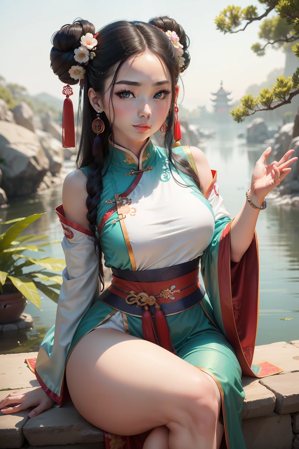 Masterpiece, Best quality, 1girll, aqua eyes, Black hair, Closed mouth, Earrings, multicolored background, jewelry, view the viewer, double bun hair, Outdoors, Solo, Upper body, ((perfect women figure)) Narrow waist, chinese deity, view the viewer, Seductive posture, Sexy pose, Alluring, Clean, Beautiful face, Pure face, Pale skin, ((Hanfu,Chinese clothes))