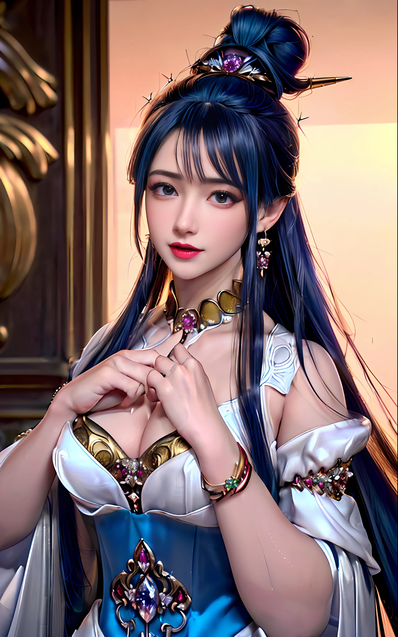 realisticity: 1.2)), ((realistic: 8K UHD)), ((best resolution: 8K UHD)), hyper detailed, best quality,masterpiece,highres,cg, ((1 girl hyper detailed and hyper realistic) ) , ((beautiful queen, hyper realistic and hyper detailed)),((white skin, beautiful, smooth, youthful, hyper realistic and hyper detailed )), ((Face hyper beautiful, white, hyper realistic and hyper detailed ) ), long hair, ((hyper realistic and hyper detailed dress)), solo, ((hyper realistic, hyper beautiful, beautiful and hyper detailed jewelry)), ((hyper beautiful deep red and golden yellow dress, hyper realistic and hyper detailed )) , ((Her pretty, hyper realistic, hyper detailed diamond filled earrings)), ((Her gorgeous diamond haircut, hyper realistic and hyper detailed)), ((hyper pretty upper body, hyper beautiful, hyper realistic and hyper detailed) ), ((medium breast: 1.5)), ((hyper realistic, hyper pretty, hyper detailed boobs)), ((the backgroun of the royal palace is hyper majestic, hyper realistic and hyper detailed)),((hands and palms hyper beautiful, hyper detailed, hyper realistic)), ((hyper detailed and hyper realistic fingers and fingernails)), ((posture not too fat and not too thin, hyper realistic, hyper detail)), ((hyper pretty, hyper pretty, hyper realistic and hyper detailed hair bun)), ((hyper pretty , hyper realistic and hyper detailed blue hair)), candid, Photo, high resolution, 8k , bokeh,