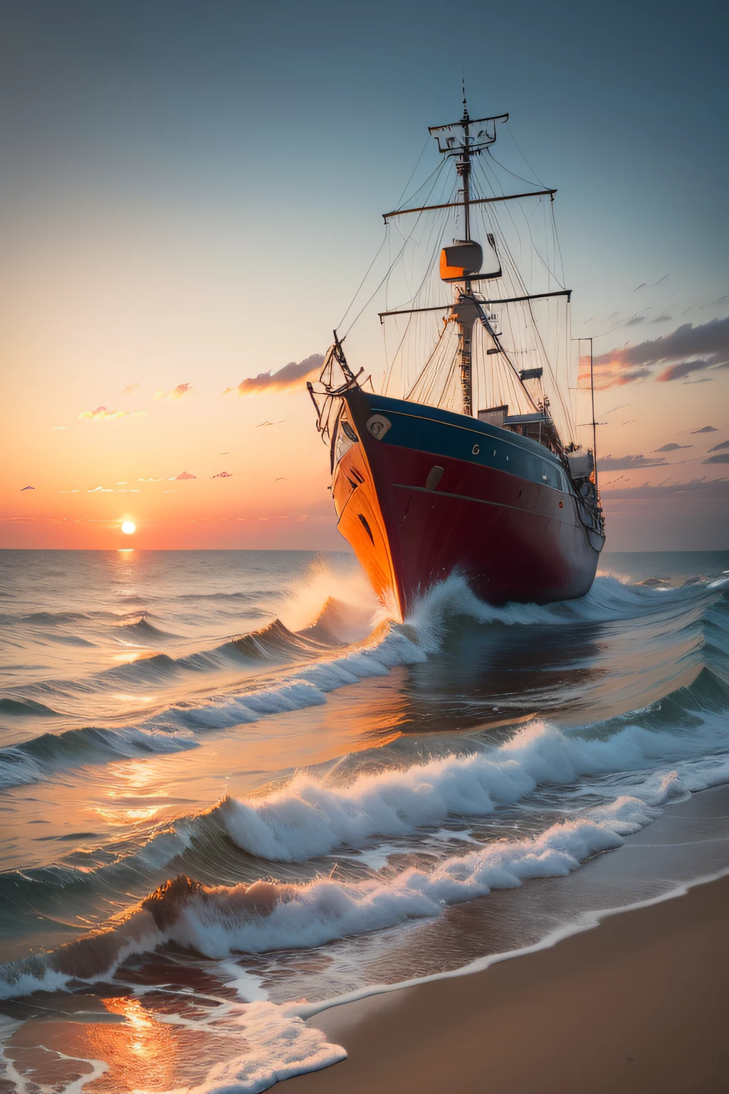Landscape photography，the sea，realisticlying，Sunset，warm color，sea beach，k hd，fishing boat，Old man fishing，detail-rich