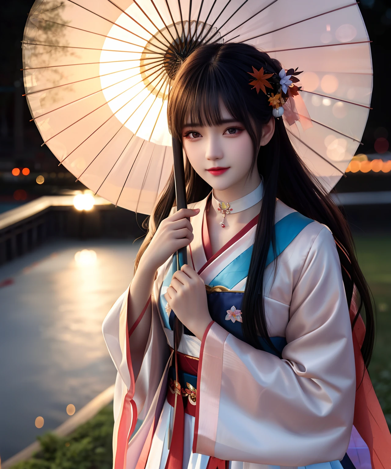 best qualtiy,tmasterpiece,A high resolution,1girl,Porcelain skirt,hair adornments,choker necklace,jewely,beautiful face,Physically,dingdall effect,realisticlying,edge lit,twotonelighting,(highdetailskin:1.2),8k uhd, dslr, softlighting, high high quality, volumettic light, sneak shot, photore, A high resolution, 4k, 8k, Background bokeh, autumnal, Review, Hanfu girl, rained, oil-paper umbrella,