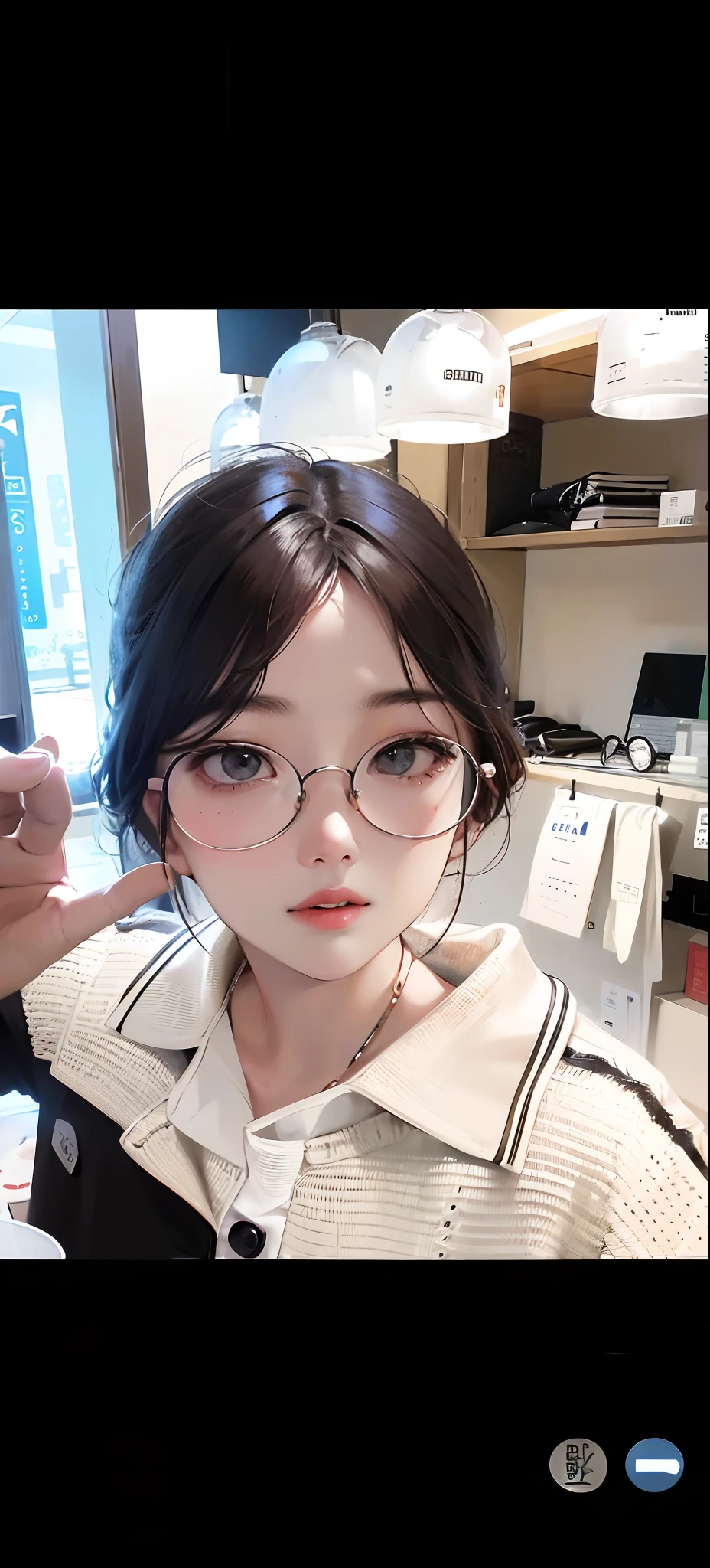 there is a woman with glasses and a white shirt posing for a picture, wearing small round glasses, 8k selfie photograph, wearing thin large round glasses, With glasses, xintong chen, Li Zixin, wearing round glasses, thick round spectacles, a girl with round glasses, wenfei ye, with square glasses, wearing black rimmed glasses