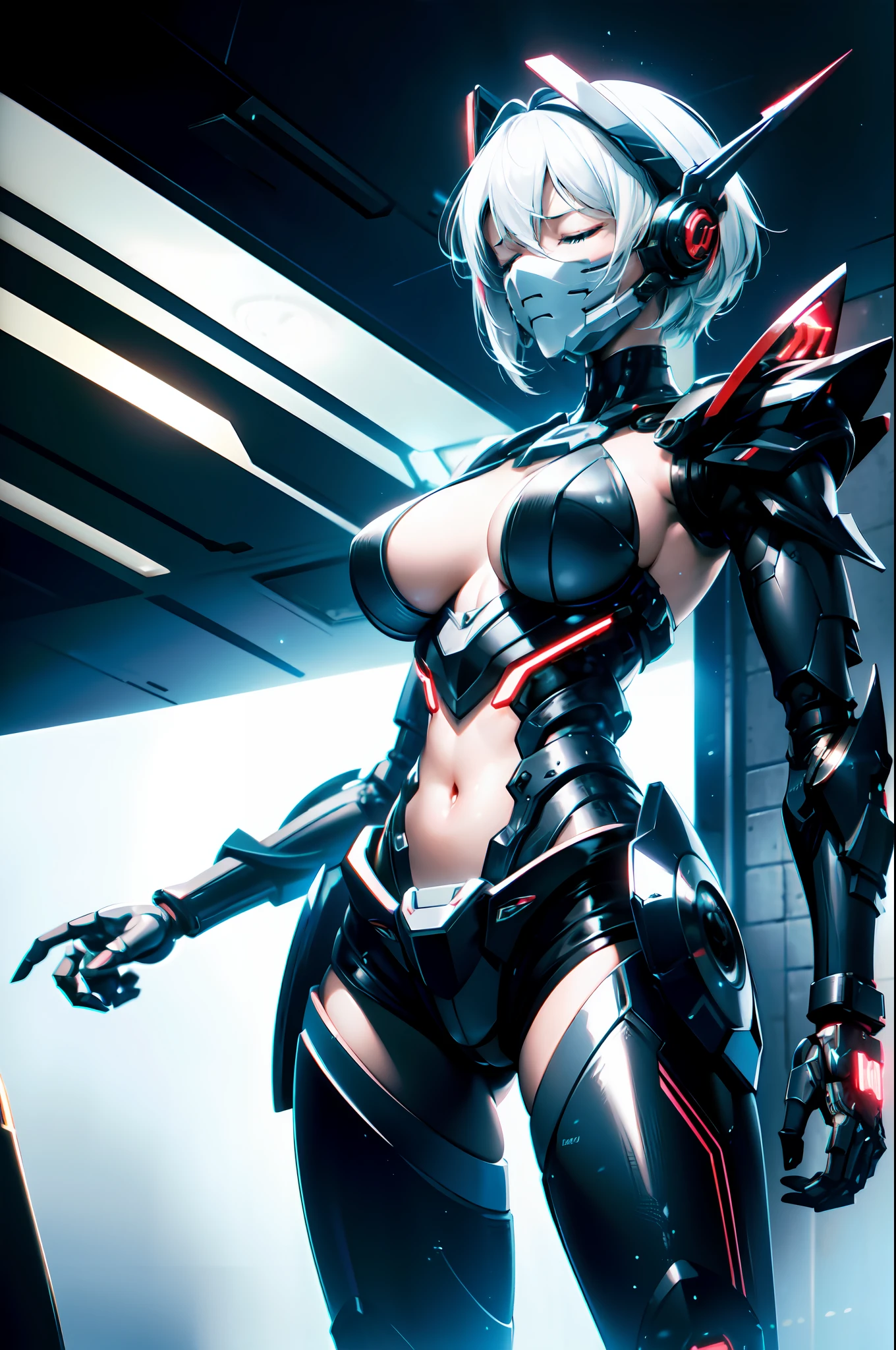 Transcendent Beautiful Girl, Machine body, Mechanical Naked Cyborg, mecha musume, White hair, short-hair, (closed eyes:1.5), Inorganic skin, Science Fantasy,BREAK, (exoskeleton suit), (perfect fingers, 4fingers and 1thumb), (Heavily armored limbs:1.5), (cleavage, navel, zettai_ryouiki), BREAK, cowboy_shot, side focus, open stance, (cyber tech punk mask:1.2), huge thrusters on the waist, sideboob, bloom, super fine concept art, extremely detailed, hawken, sci fi battlefield, Masterpiece, best quality, captures a super cute moment, depth of field, ultra detailed, ultra high resolution, C4D, Octadale, 3D modeling, 8k, 16k,