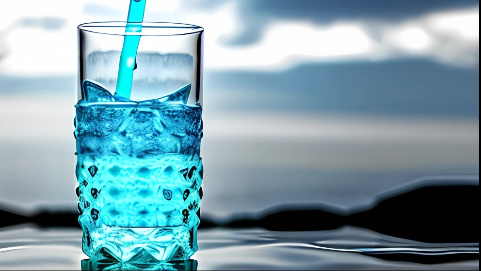 A glass of Arabic water，There is a straw and a straw inside, tansparent water, water in background, water, crystal water, water water, water particulate, water to waist, water particulate, Beautiful water, Transparent water, detailedwater, kettle, water to waste, filling with water, volumetric water, dmt water