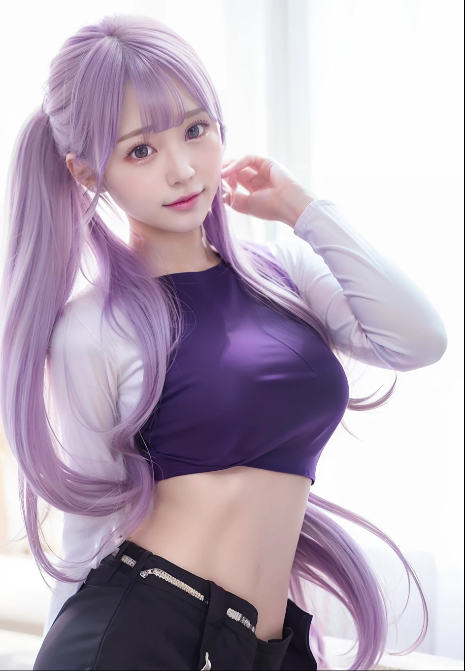 1gril,Ino Yamanaka,Long cream hair, purple short shirt, purple pants, ultra realistic