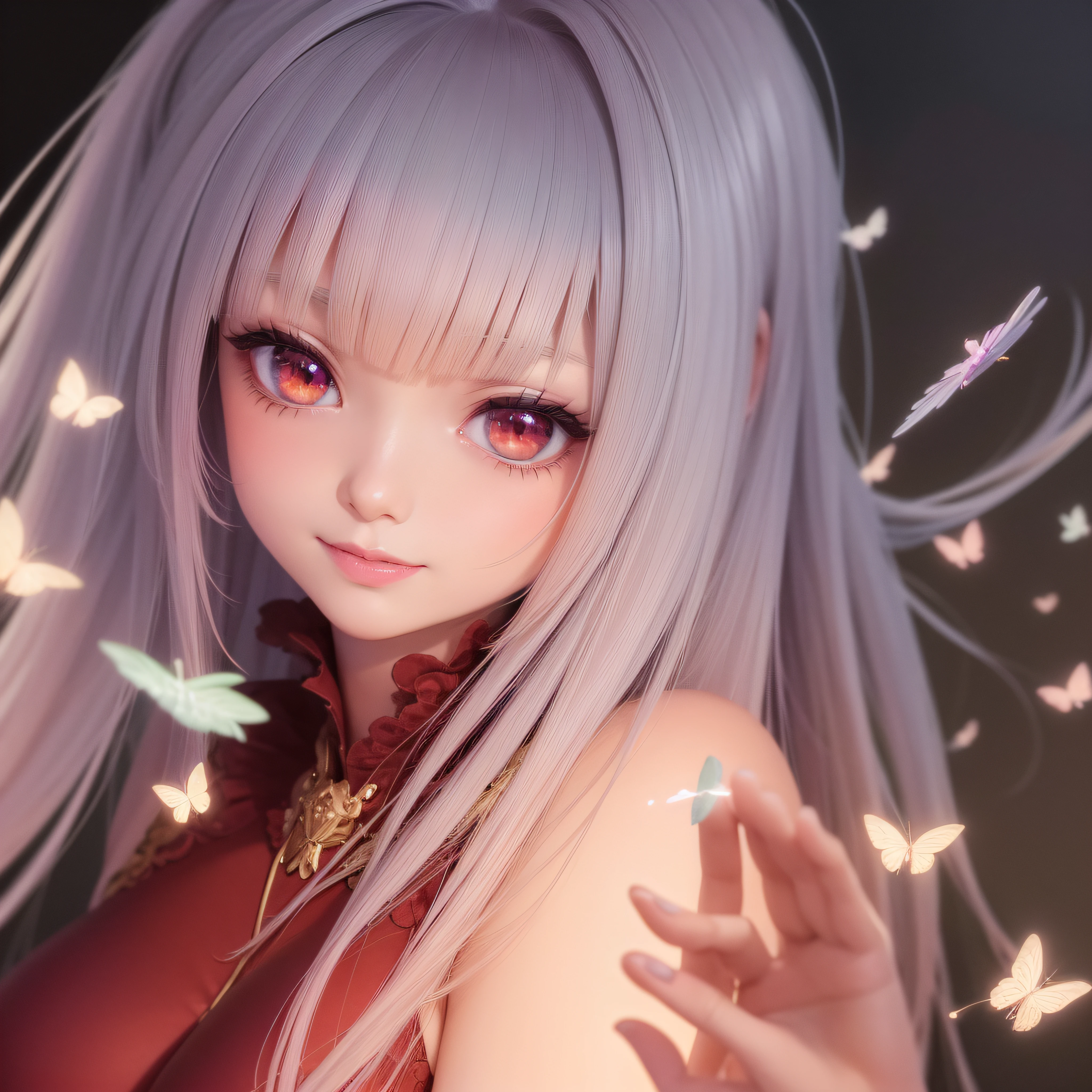 Close up of a smile with the corners of the mouth raised、Korea person、Korea person、Korea person、(shiny red eyes、Eye Gloss)、(open dark red shiny lips,,、lipgloss)、(bangss、Silver shiny bangs、hair gloss)、Beautiful 30 year old woman、dreamlikeart、Highly detailed airbrush art、intricate detailes、Volumetric lighting、(top-quality)、(The ultra-detailliert)、Highly detailed colorful details、(Irridescent color:1.2)、(Bright lighting)、Magical、dynamic compositions、Ray traching、The mirror reflects light、Shallow depth of field、ultra-detailliert、mixing exposure、nffsw、Super masterpiece、vivd colour、colourfull、Rich colors、exquisitedetails、 (butterflys,Exquisite butterflies,Ultra CG), (High resolution:1.5)、Pink bodysuit