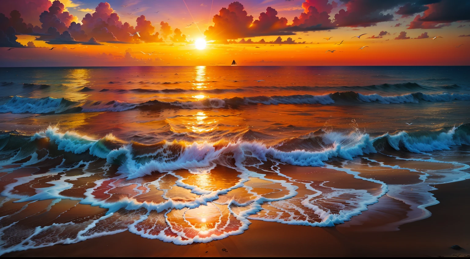 An absolutely mesmerizing sunset on the beach, with a mix of orange, pink, and yellow in the sky. The water is crystal clear, gently kisses the coast, and the white sand is endless. The scene is dynamic and breathtaking, with seagulls soaring high in the sky and palm trees swaying softly. Immerse yourself in the calm atmosphere and let the serenity surround you.