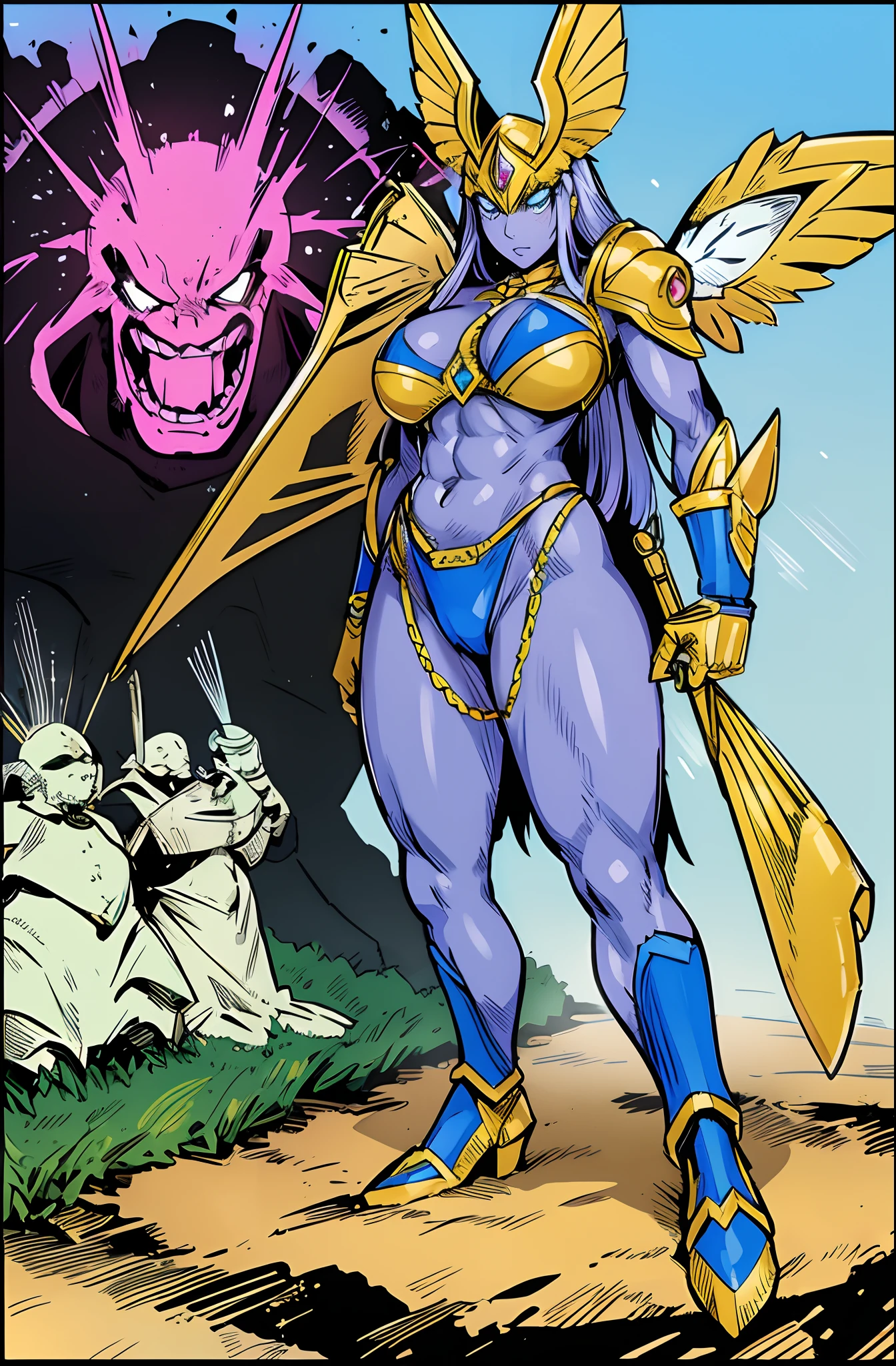 "Powerful barbarian with insect-like angelic armor, reminiscent of Digimon and Guyver, joins forces with a group of sentai heroes. The robot girl with huge breasts adds an overwhelming presence to the scene." musclegirl waiting to start