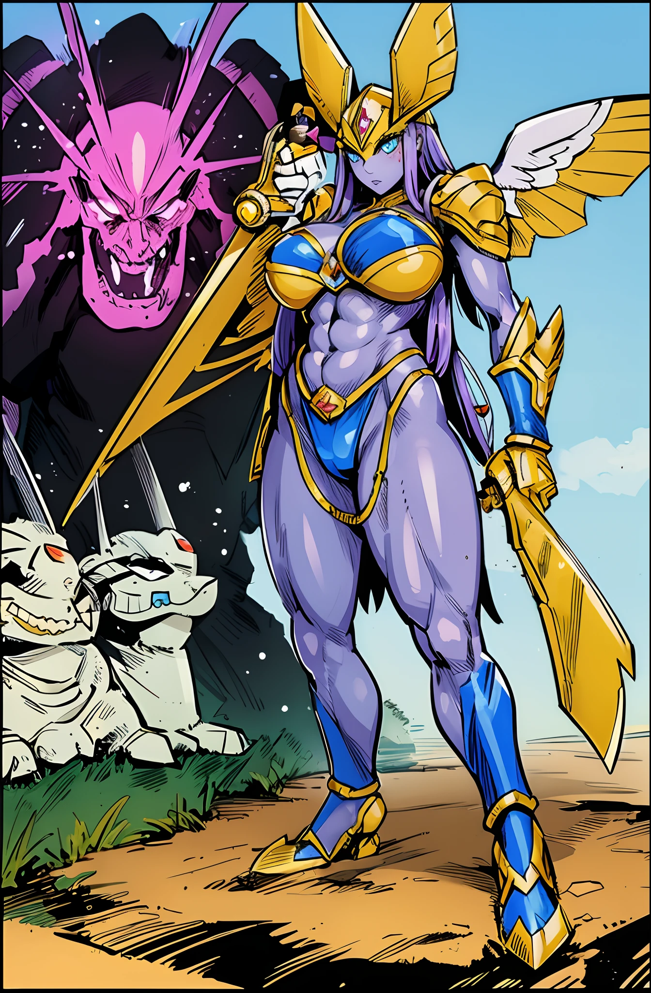 "Powerful barbarian with insect-like angelic armor, reminiscent of Digimon and Guyver, joins forces with a group of sentai heroes. The robot girl with huge breasts adds an overwhelming presence to the scene." musclegirl waiting to start