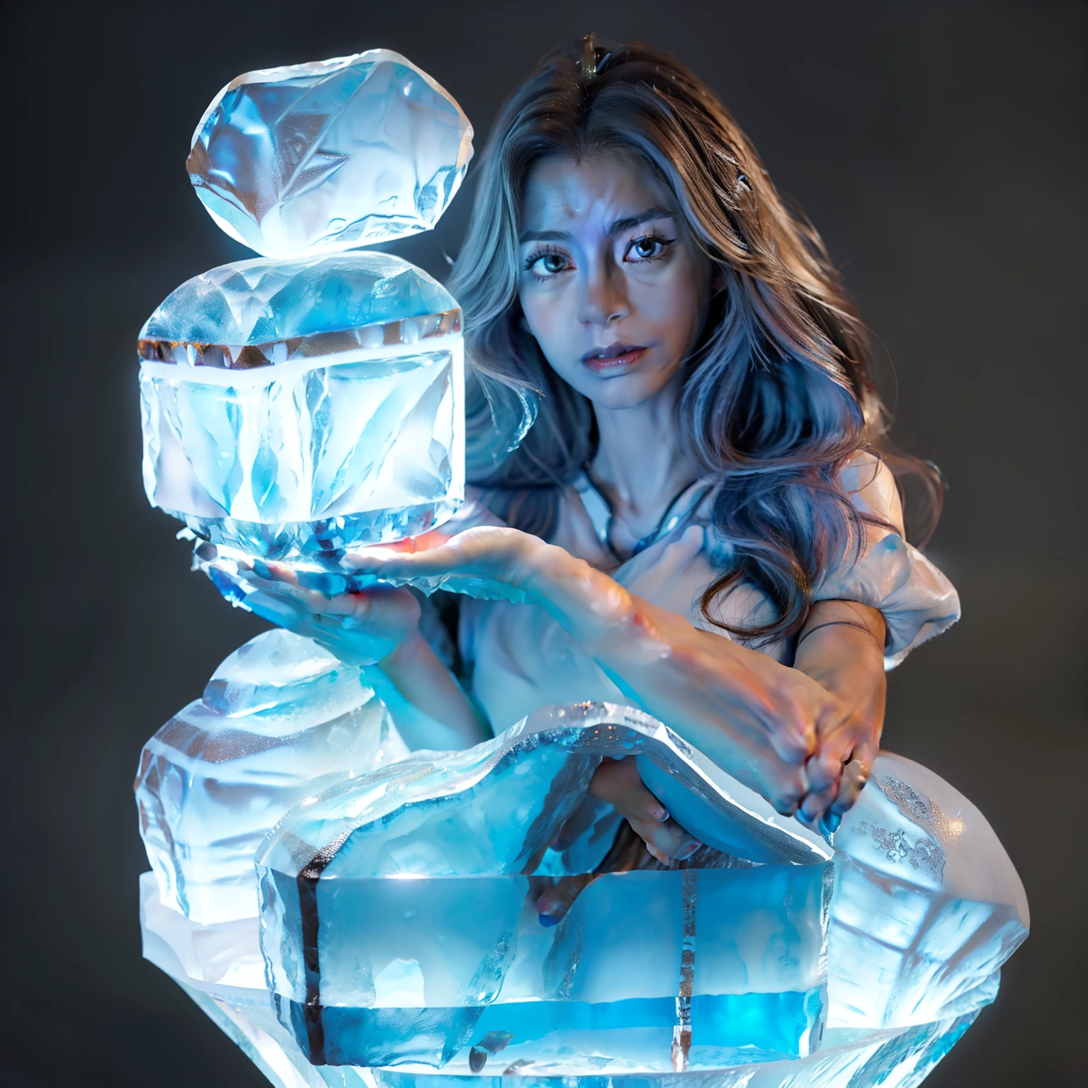 masutepiece,(Beautuful Women(Grab a magical giant ice rock with both hands:1.5)1.5),,Beige hair swaying in the wind,Blue-gray glowing eyes,Navy Tiered Skirt、G Jean,Logo T-shirt,Photo 8k,The background is a summer meadow,dazzling sunshine