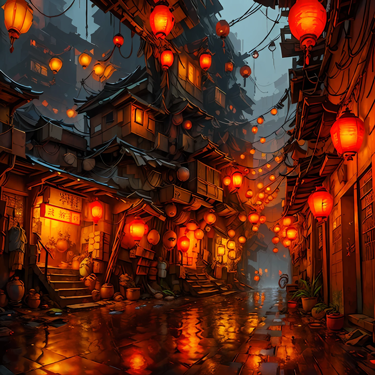 cyberpunk slum, oriental design, hanging lanterns, digital painting, concept art, illustration, intricate, ((tileset)), at rainy night