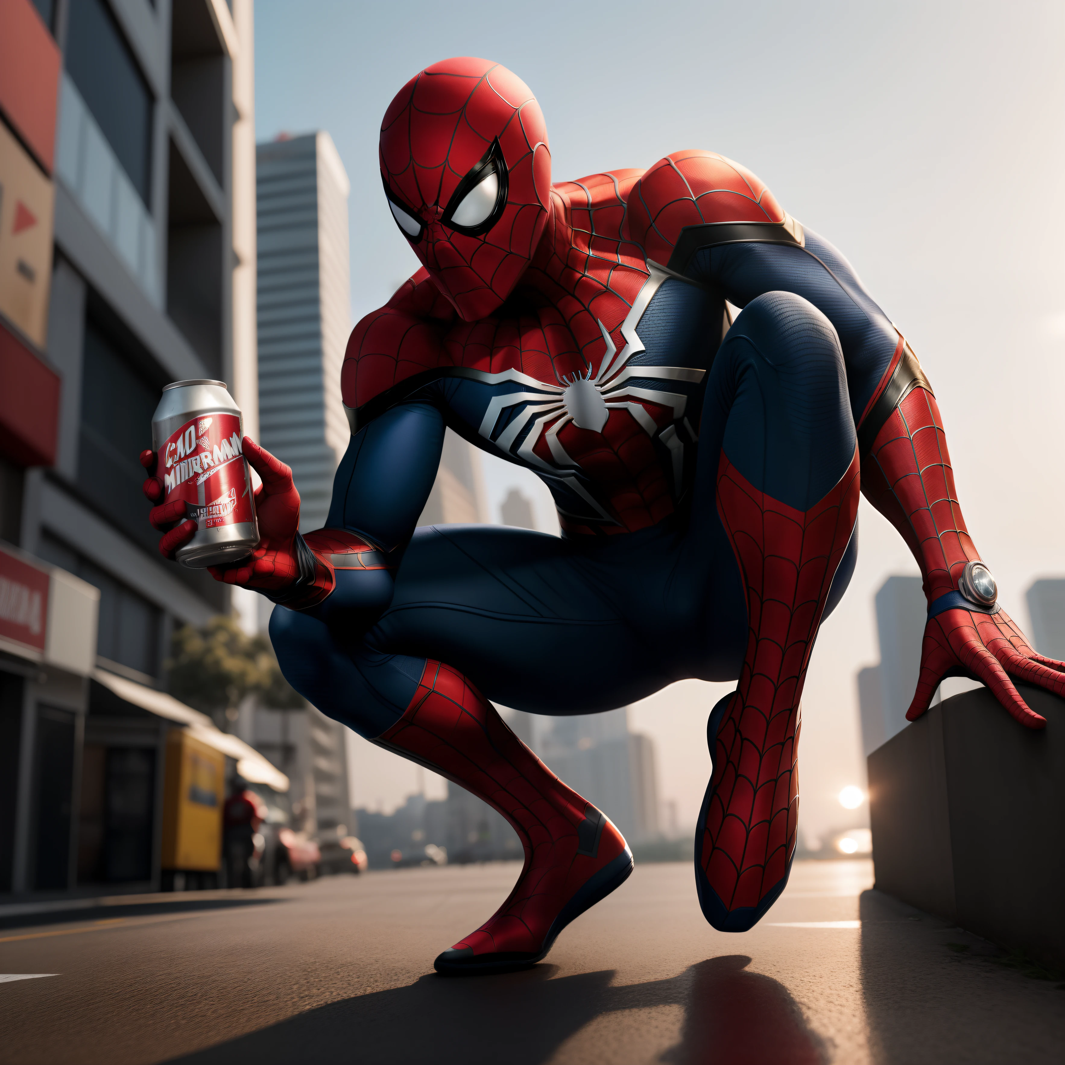Spider-Man's hand holding a can of soda, contra o fundo desfocado da cidade, qualidade superior, 8k, Marvel ucm estilo de filme, Realistic, Front view, Only Spider-Man's hand holding a can of soda ,Photoshop's advanced professional working style, Octane redentor, 8k, high-definition picture quality + foto vencedora + publicidade superior + Foto Mark IV + cores profissionais + luz ambiente + RTX --ar 32:40 --V 5.2 --s 1000