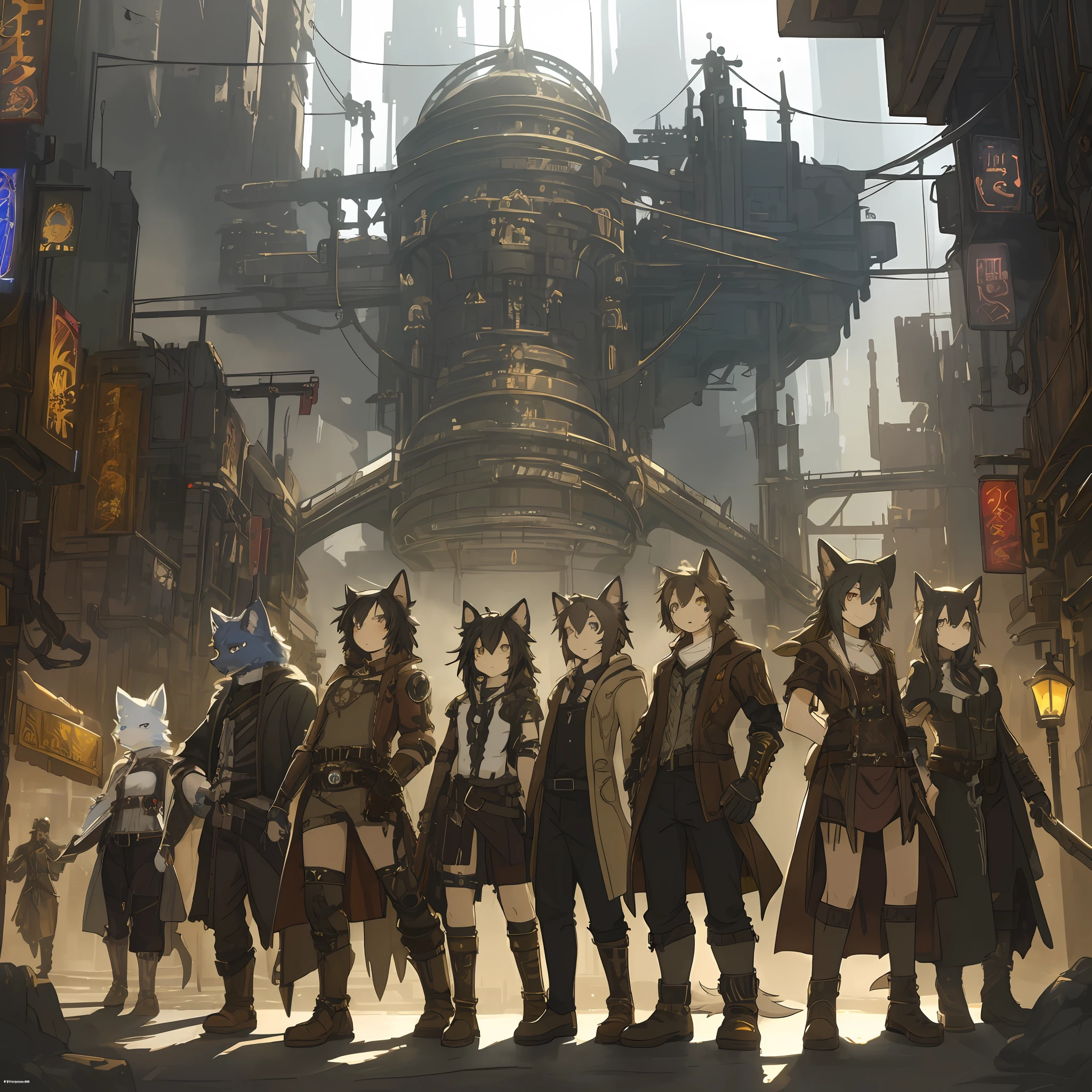 top quality, best quality, High-quality illustrations, masterpiece, super high resolution, detailed background, Dark Fantasy, Cyberpunk, steam punk, 6+boys, 6+girls, absurdres(highly detailed beautiful face and eyes)perfect anatomy, expression, good lighting, cinematic shadow(kemono, furry anthro)assorted poses, dynamic angle,