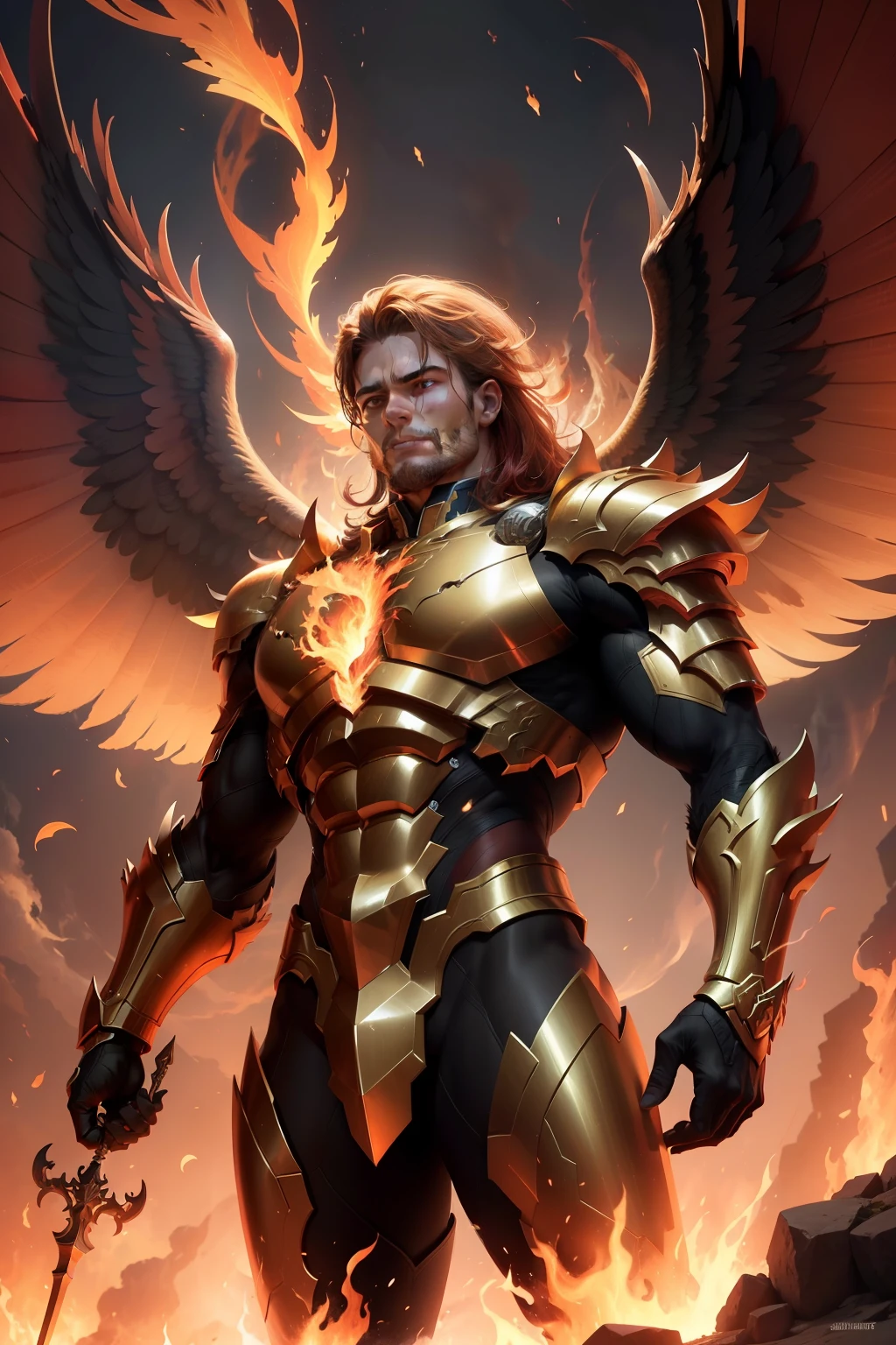 A imagem retrata um anjo alto e poderoso, with defined muscles and majestic armored wings that seem to emit an aura of power. He's standing in a setting engulfed in red flames, representing the burning flame of his protection to human beings. Its determined expression conveys a sense of duty and commitment to the security of humanity. imagem em 8k
