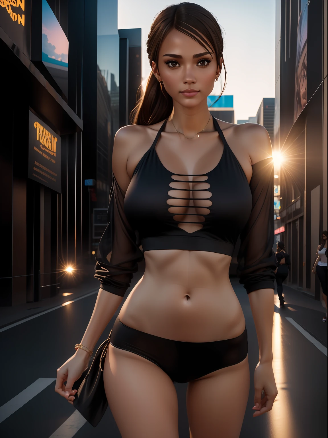 She looks a bit like Jessica Alba, Beautiful Brazilian girl, brown hair in a ponytail, 18 years old, beautiful thin figure symmetrical eyes, (beautifully detailed face, beautiful detailed eyes), dramatic lighting, (photo realism:1. 4), realistic, sharp focus, HD, highly complex, intricate, photography, hyperrealism, hyperrealistic, raytracing, physics-based rendering, ((8k, RAW photo, masterpiece), High detail RAW color photo, (highest quality), (best shadow), (best illustration), ultra high resolution, highly detailed CG unified 8K wallpapers), rim lighting, vivid color, post-processing, vibrant, color grading, She is standing in the middle of a street in Las Vegas, where there are many casinos, wearing clothes that she is going to a night club for a party.