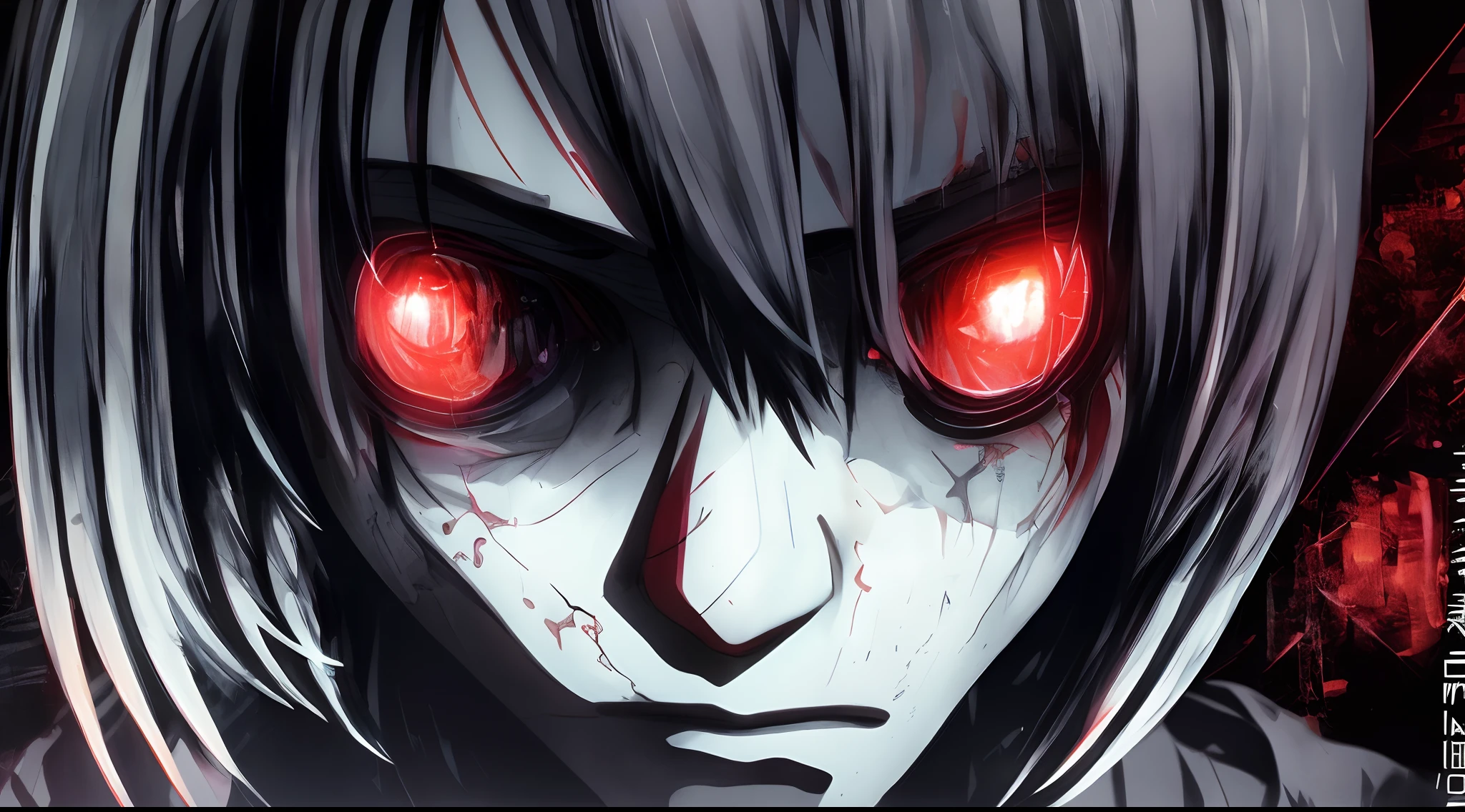 Tokyo Ghoul, accel_ws, insane face, red eyes, Close-up Shot Shot, Night complex background, Something in the background, highly detailed, (gloomily:1.3), darkly, bleak, HDR, Vignette, grimy, (Slate atmosphere:0.8)